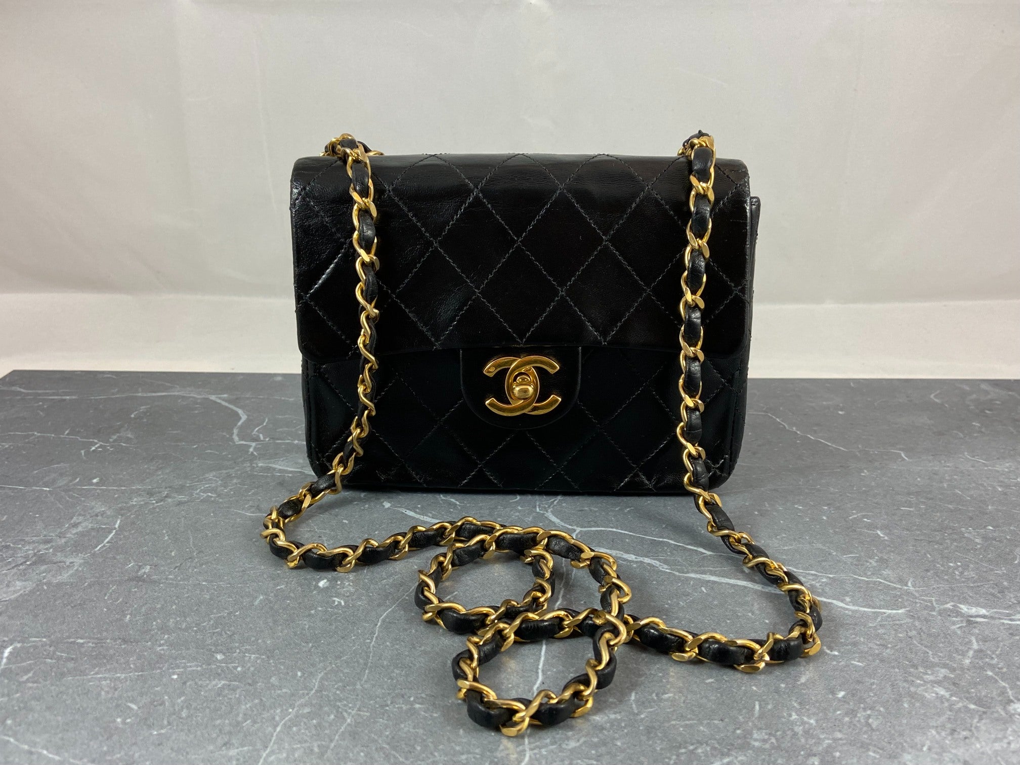 Chanel Timeless / Classique Mini Square Flap Bag Black Lambskin Quilted Matelasse Leather