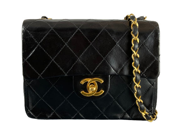 Chanel Timeless / Classique Mini Square Flap Bag Black Lambskin Quilted Matelasse Leather