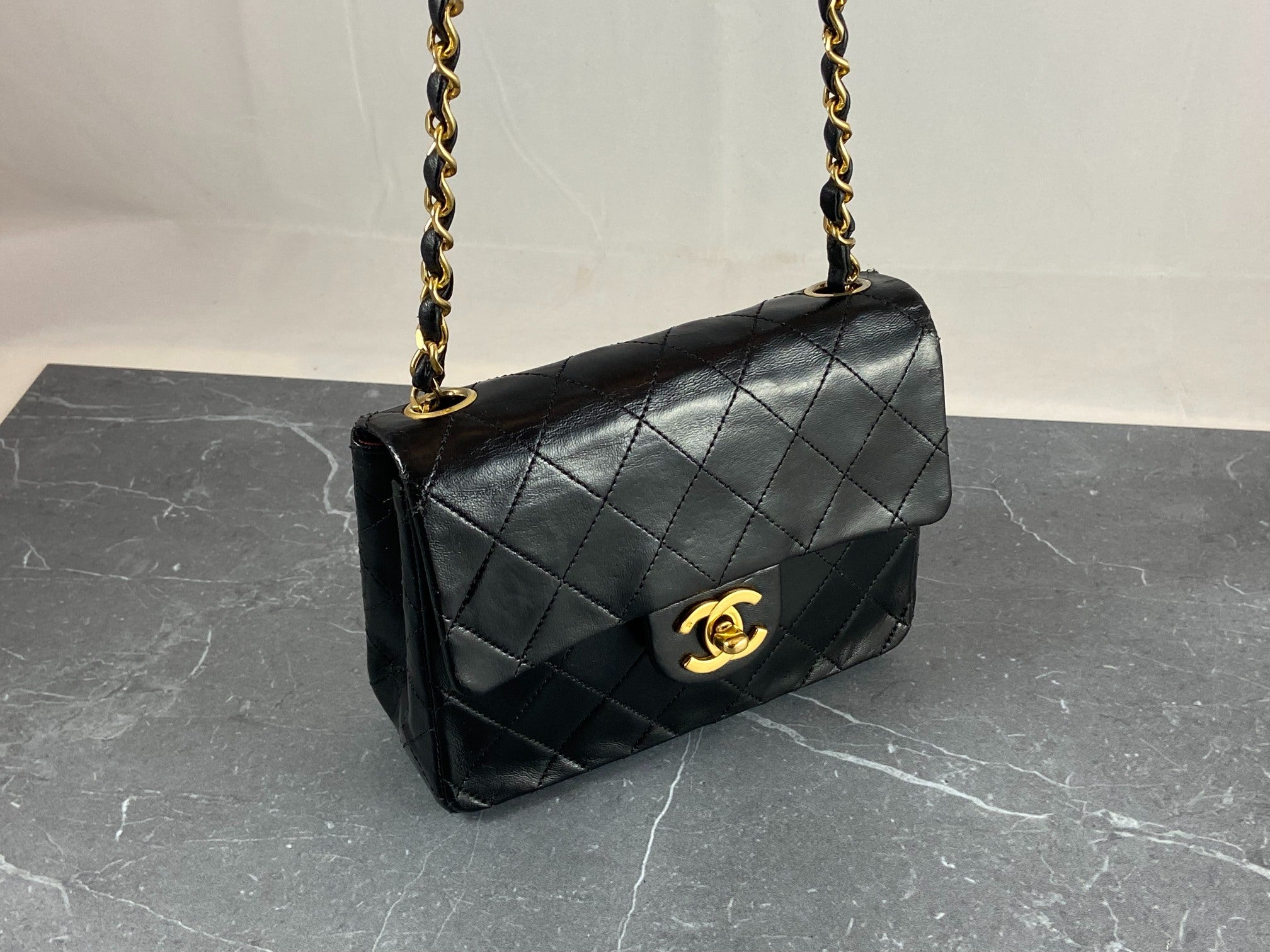 Chanel Timeless / Classique Mini Square Flap Bag Black Lambskin Quilted Matelasse Leather