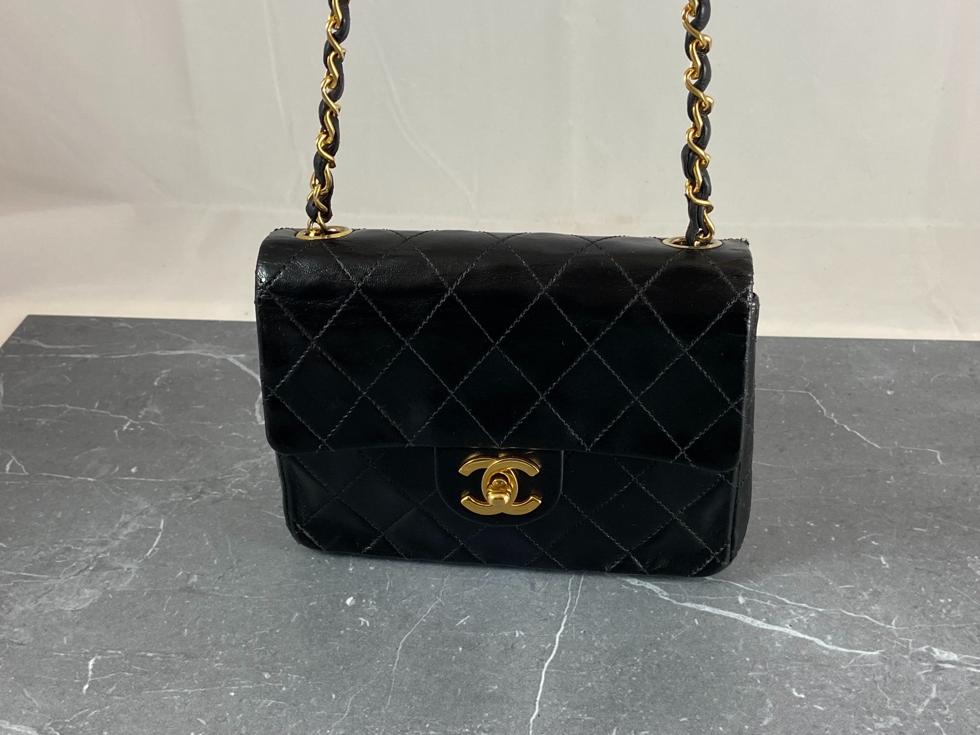 Chanel Timeless / Classique Mini Square Flap Bag Black Lambskin Quilted Matelasse Leather