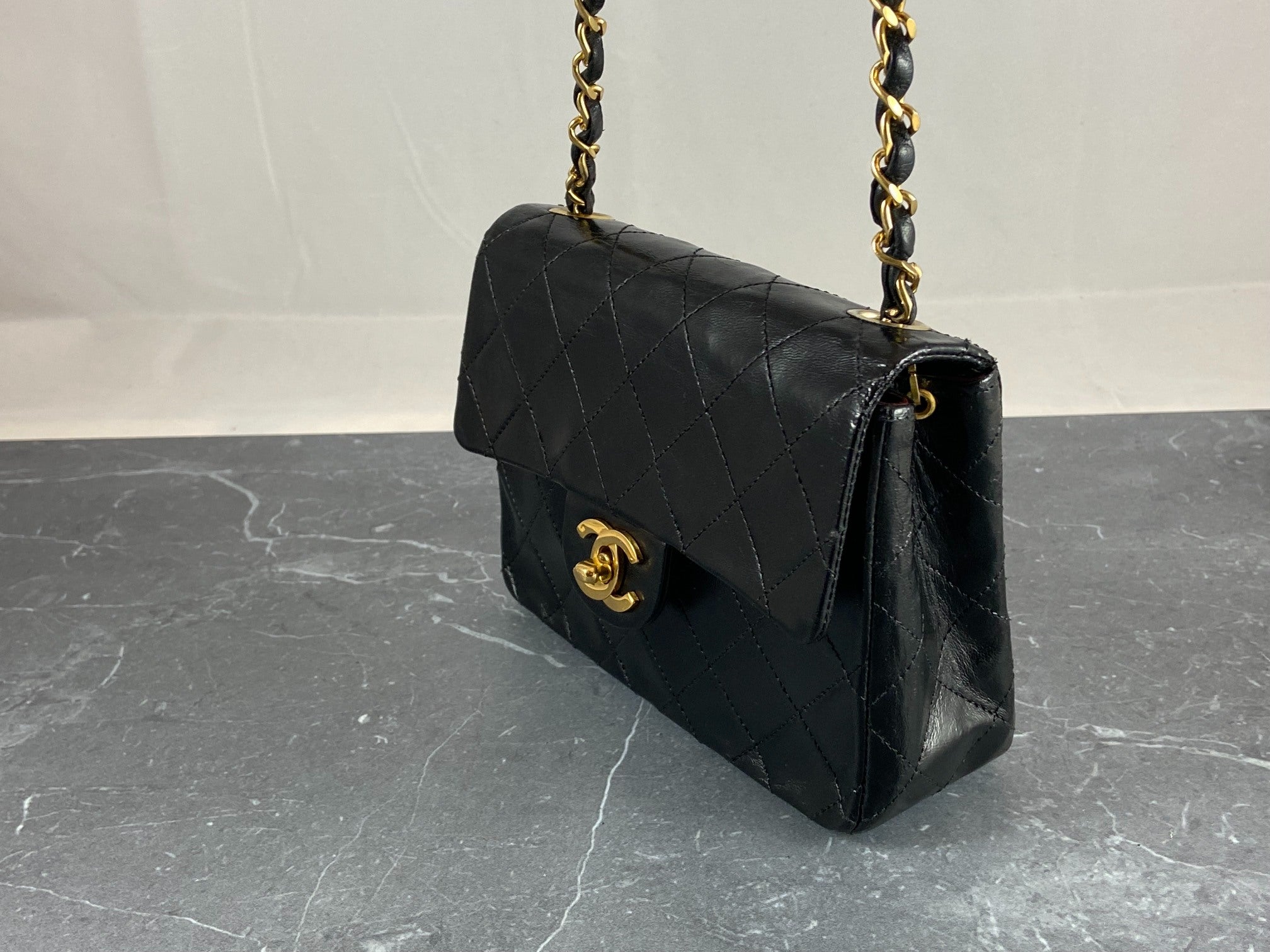 Chanel Timeless / Classique Mini Square Flap Bag Black Lambskin Quilted Matelasse Leather