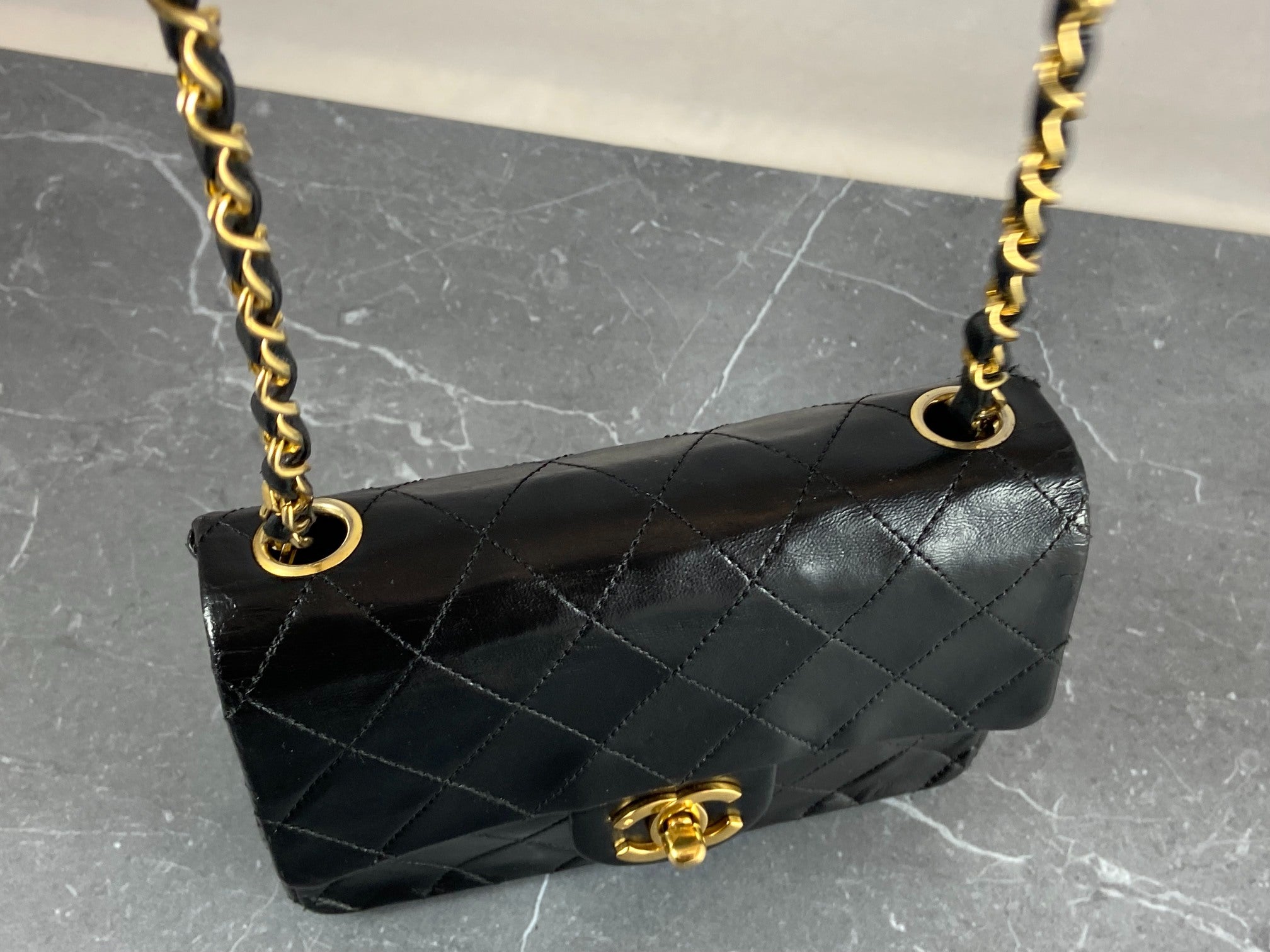 Chanel Timeless / Classique Mini Square Flap Bag Black Lambskin Quilted Matelasse Leather
