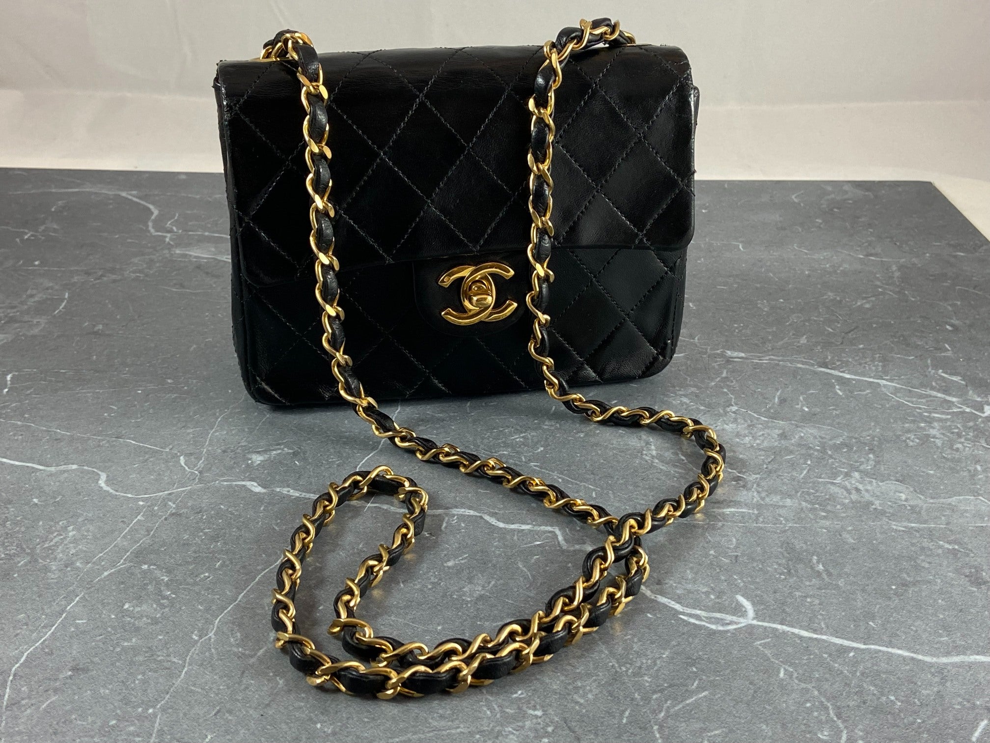 Chanel Timeless / Classique Mini Square Flap Bag Black Lambskin Quilted Matelasse Leather