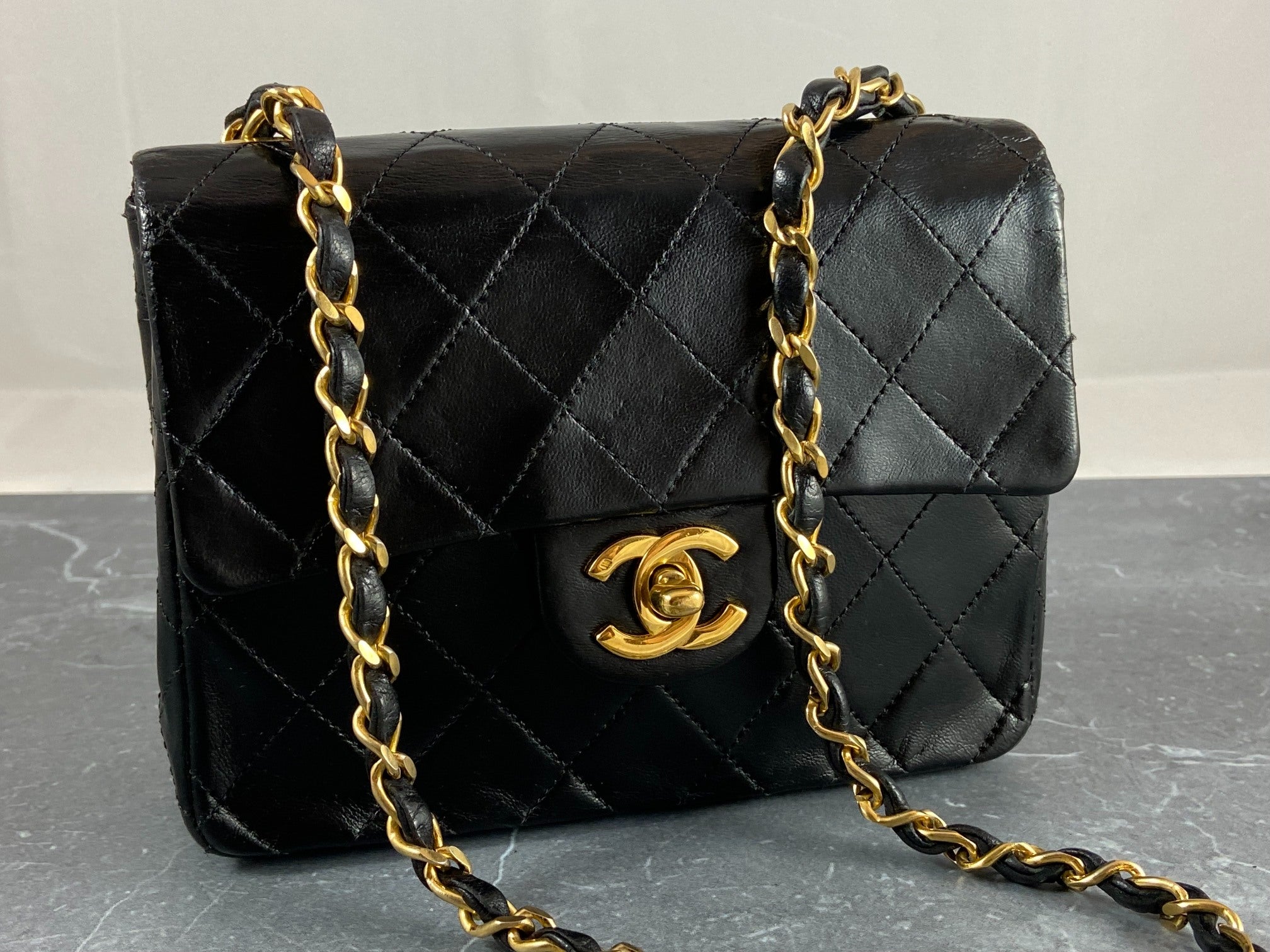 Chanel Timeless / Classique Mini Square Flap Bag Black Lambskin Quilted Matelasse Leather