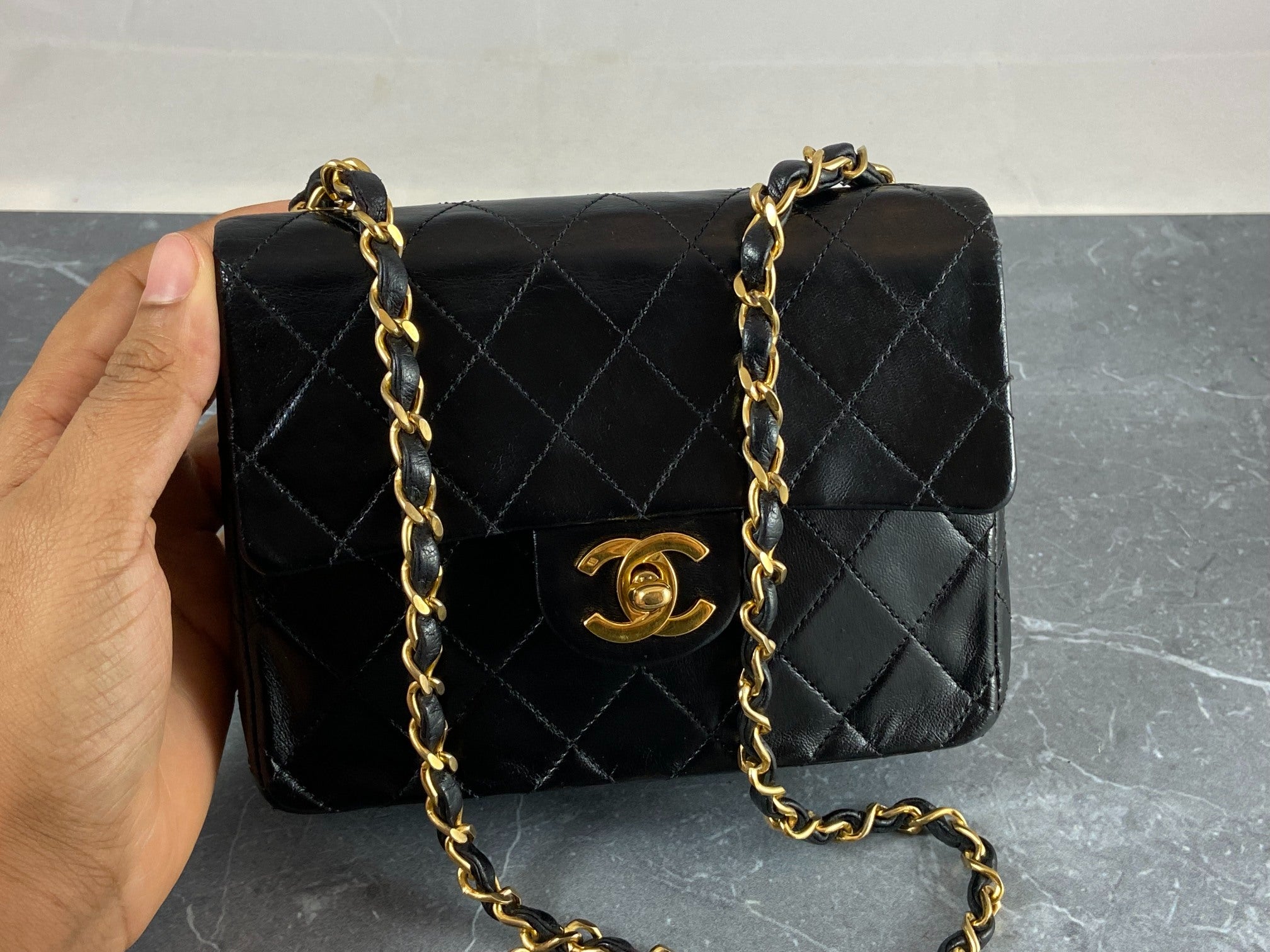 Chanel Timeless / Classique Mini Square Flap Bag Black Lambskin Quilted Matelasse Leather