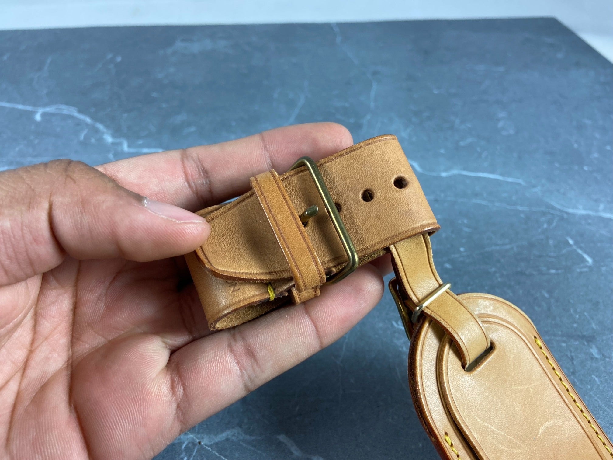 Louis Vuitton Luggage Tag & Handle Belt Beige Vachetta Leather