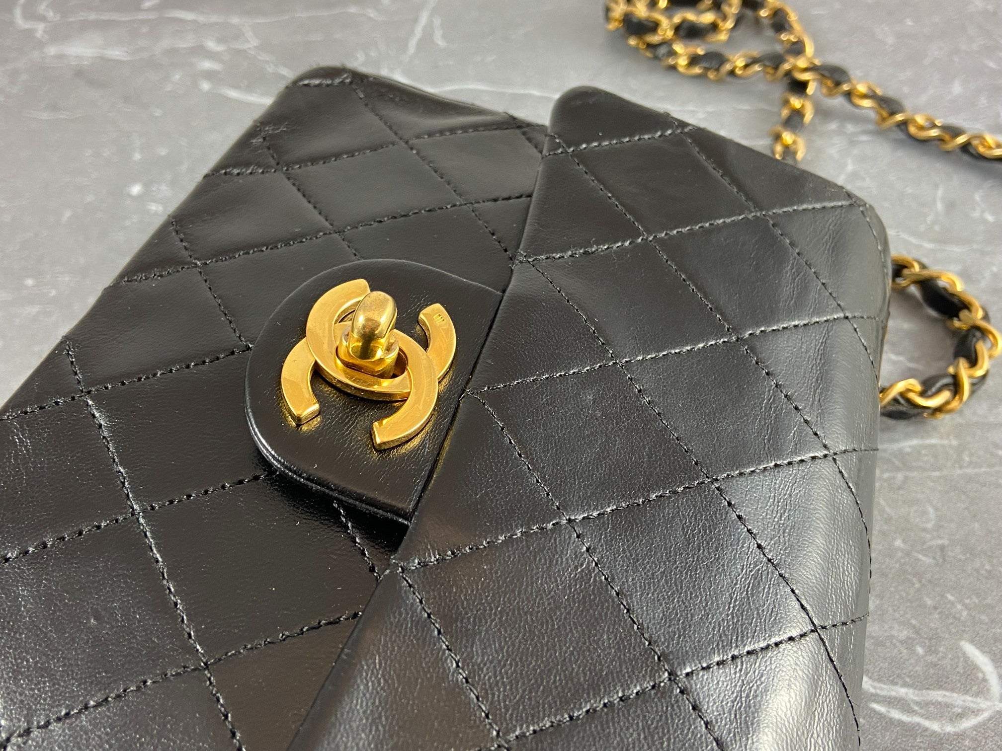 Chanel Timeless / Classique Mini Square Flap Bag Black Lambskin Quilted Matelasse Leather