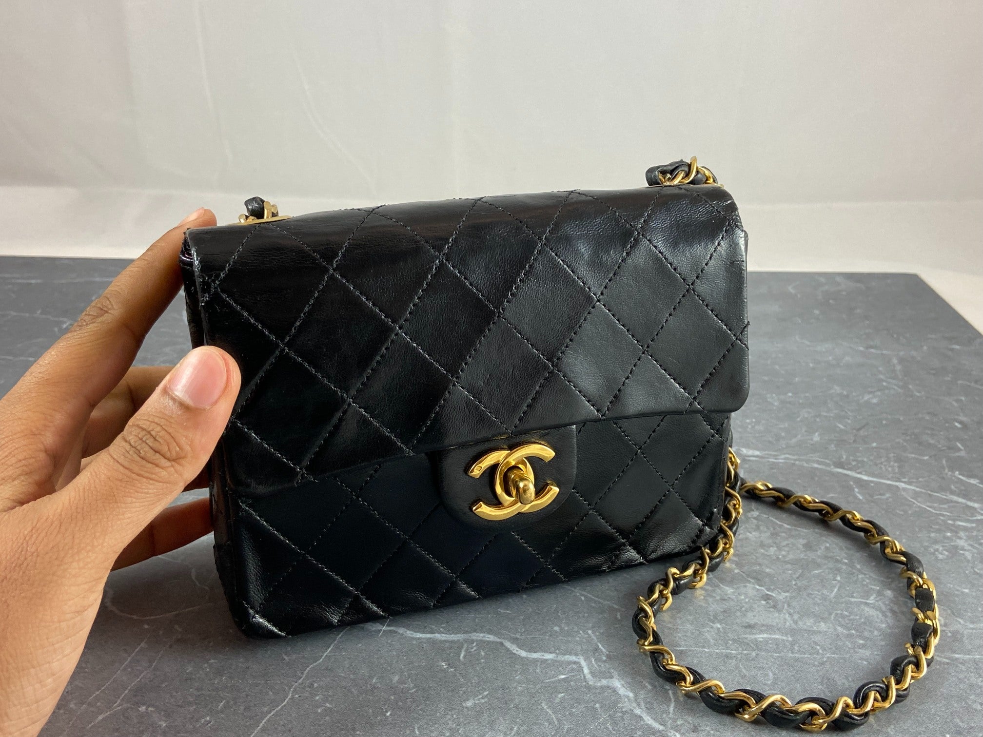 Chanel Timeless / Classique Mini Square Flap Bag Black Lambskin Quilted Matelasse Leather