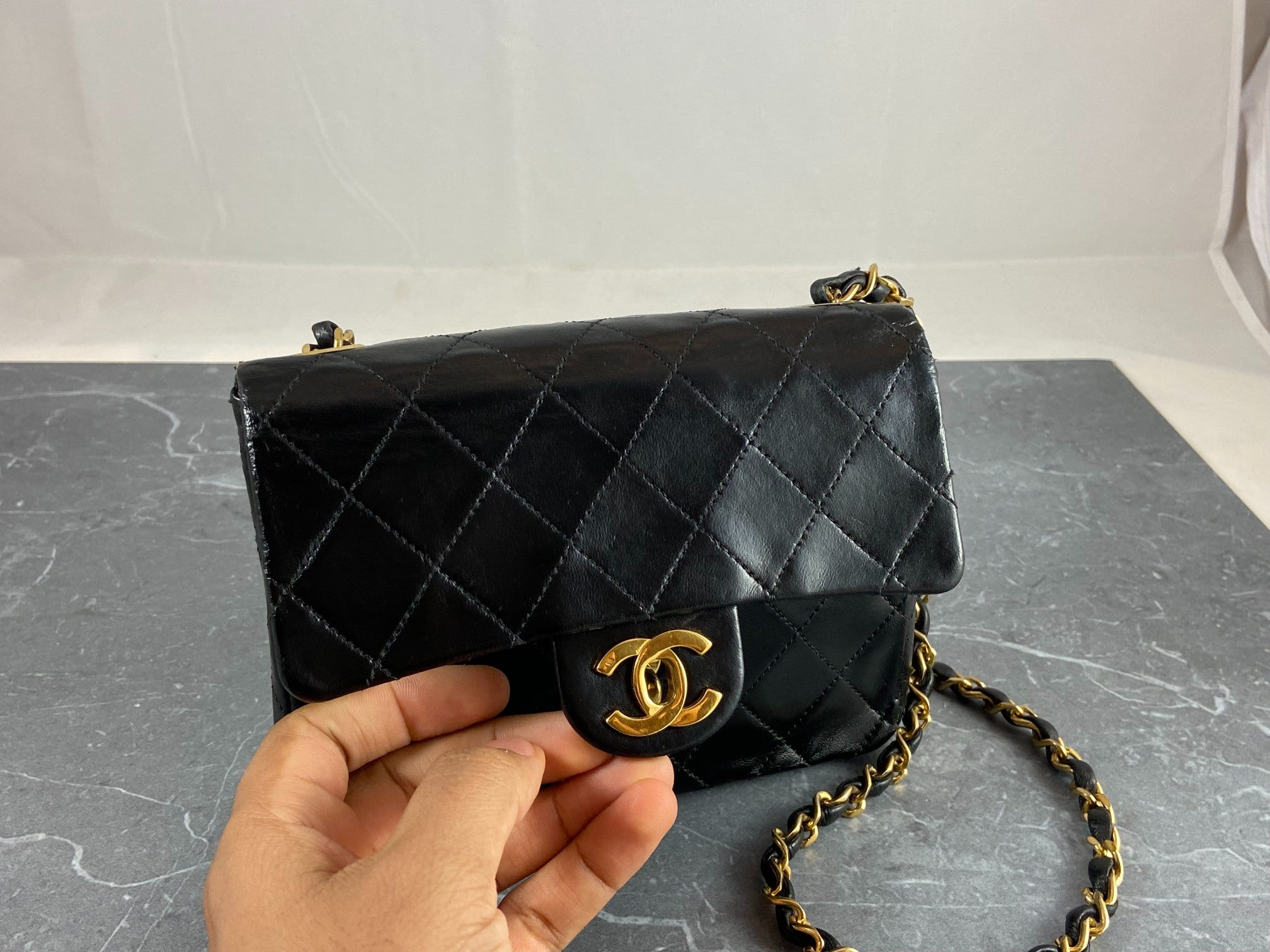 Chanel Timeless / Classique Mini Square Flap Bag Black Lambskin Quilted Matelasse Leather