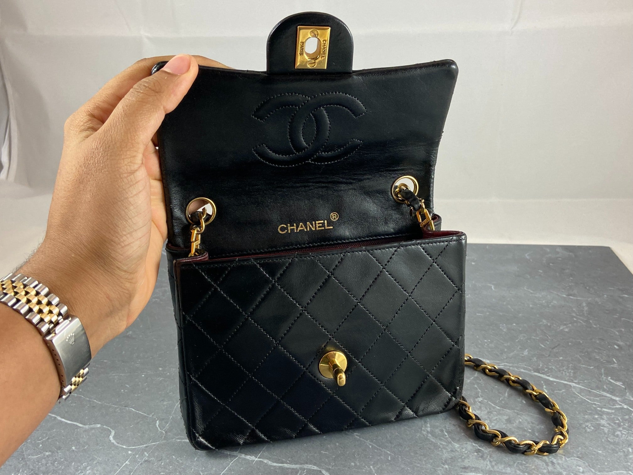 Chanel Timeless / Classique Mini Square Flap Bag Black Lambskin Quilted Matelasse Leather