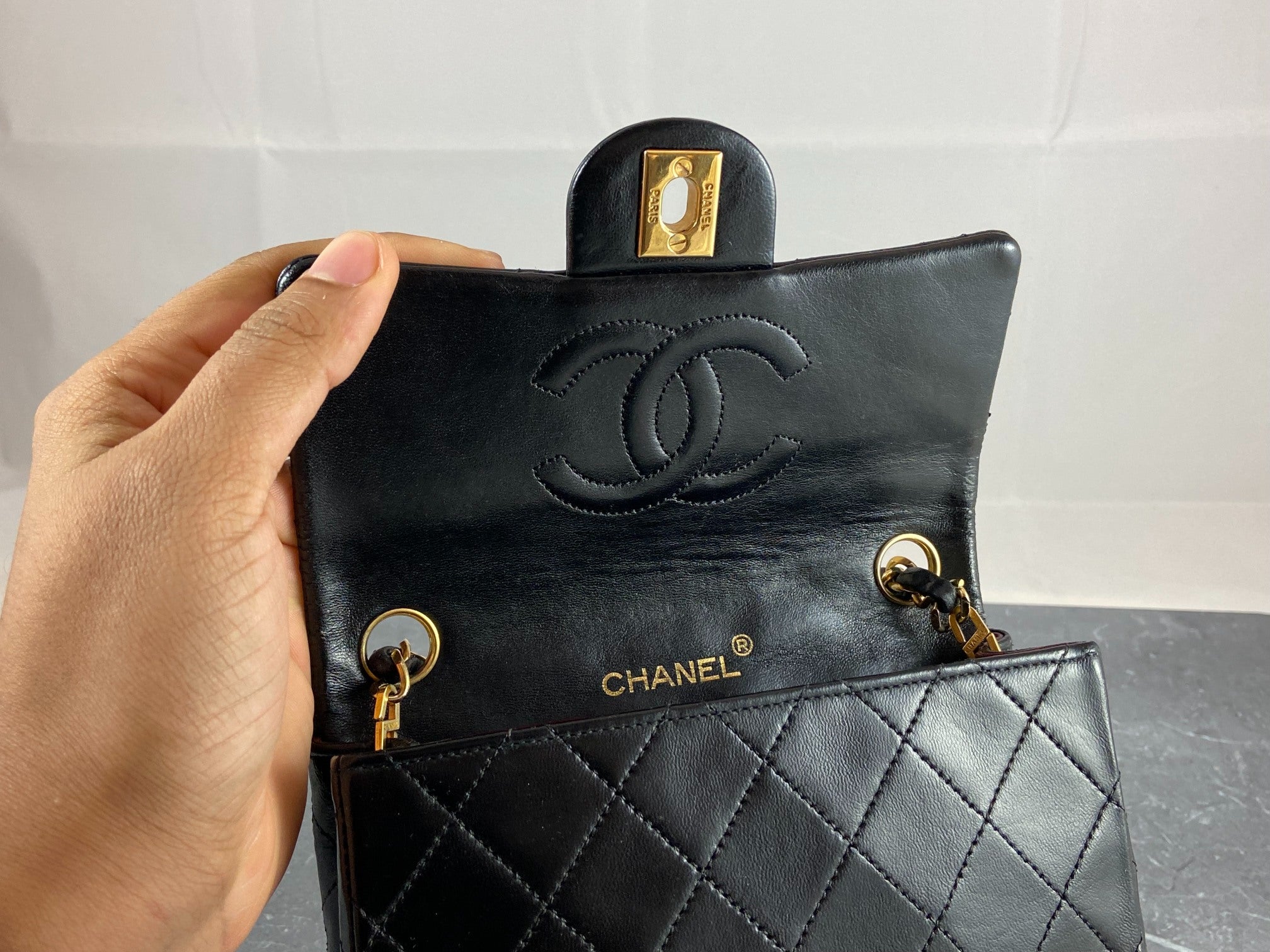 Chanel Timeless / Classique Mini Square Flap Bag Black Lambskin Quilted Matelasse Leather