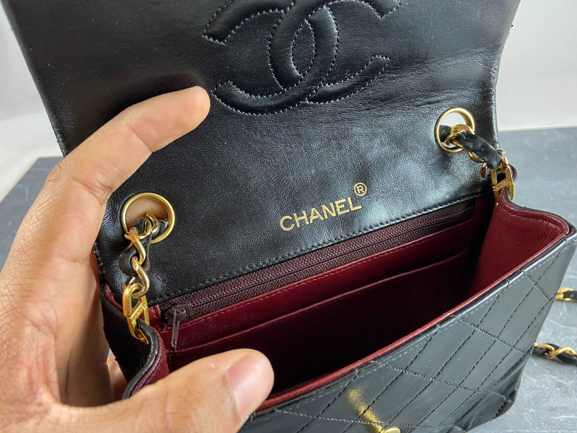 Chanel Timeless / Classique Mini Square Flap Bag Black Lambskin Quilted Matelasse Leather