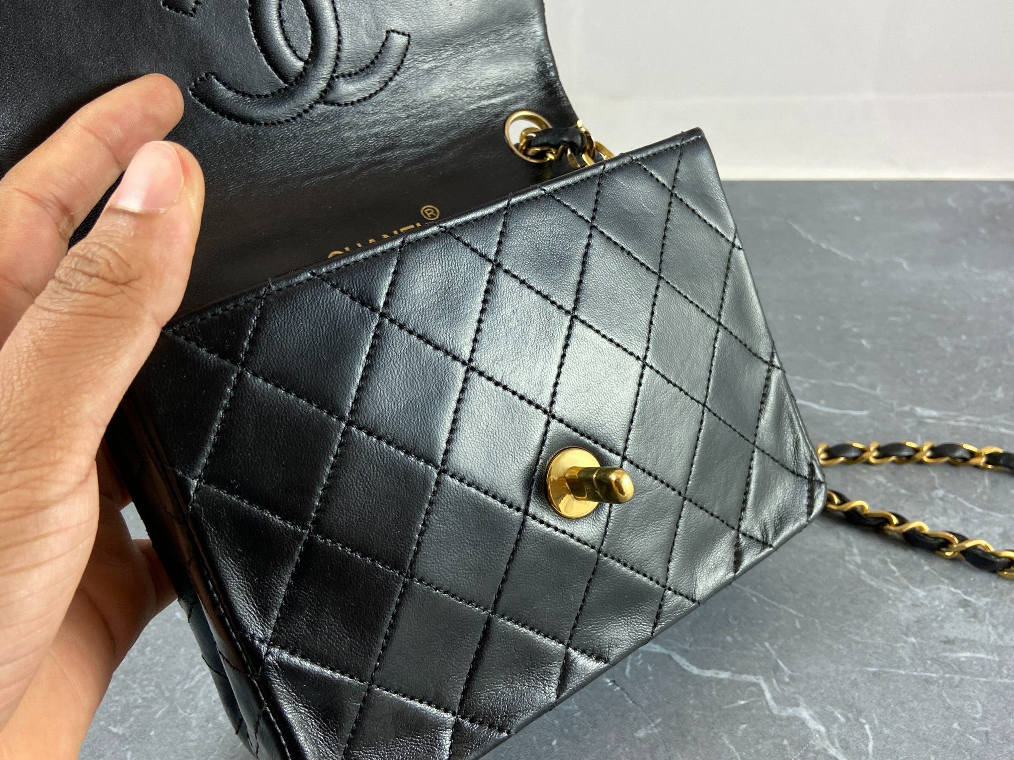 Chanel Timeless / Classique Mini Square Flap Bag Black Lambskin Quilted Matelasse Leather