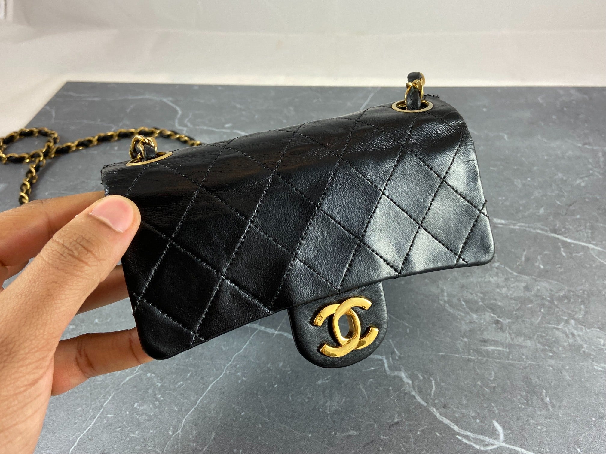 Chanel Timeless / Classique Mini Square Flap Bag Black Lambskin Quilted Matelasse Leather