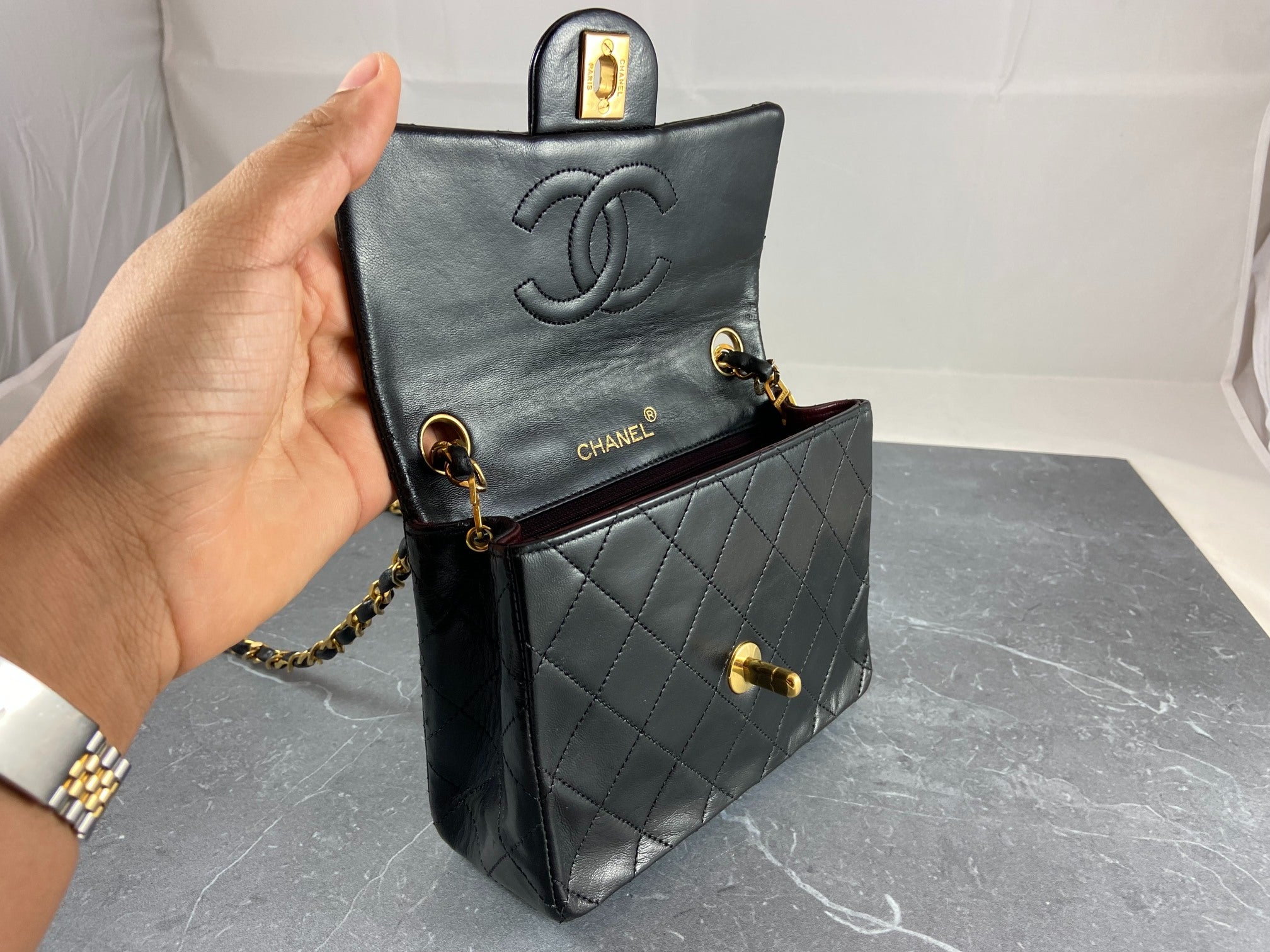 Chanel Timeless / Classique Mini Square Flap Bag Black Lambskin Quilted Matelasse Leather