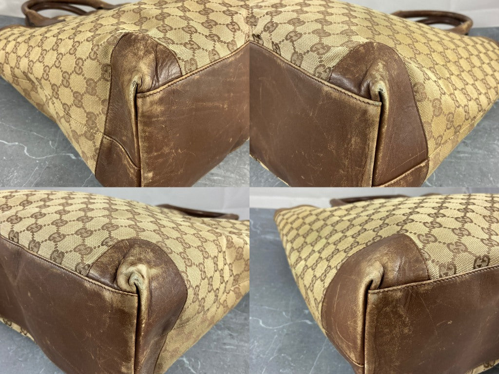 Gucci Hand / Tote Bag Beige GG Monogram + Brown Leather