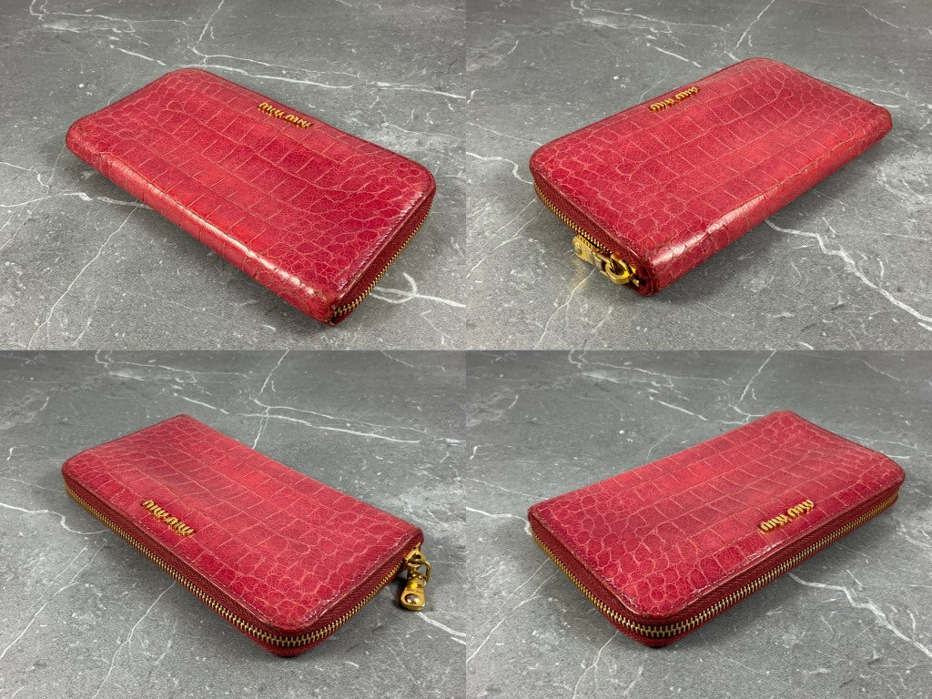 Miu Miu Long Zippy Wallet Pink Crocodile Pattern