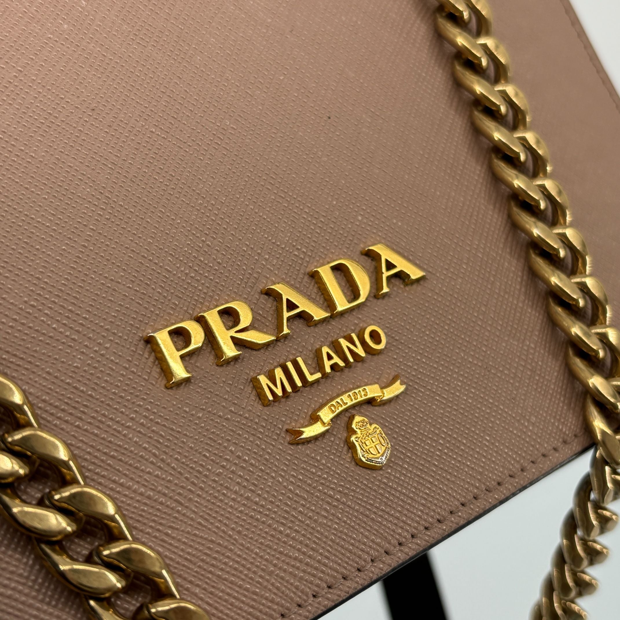 Prada Chain Crossbody Bag Cammeo Saffiano Leather