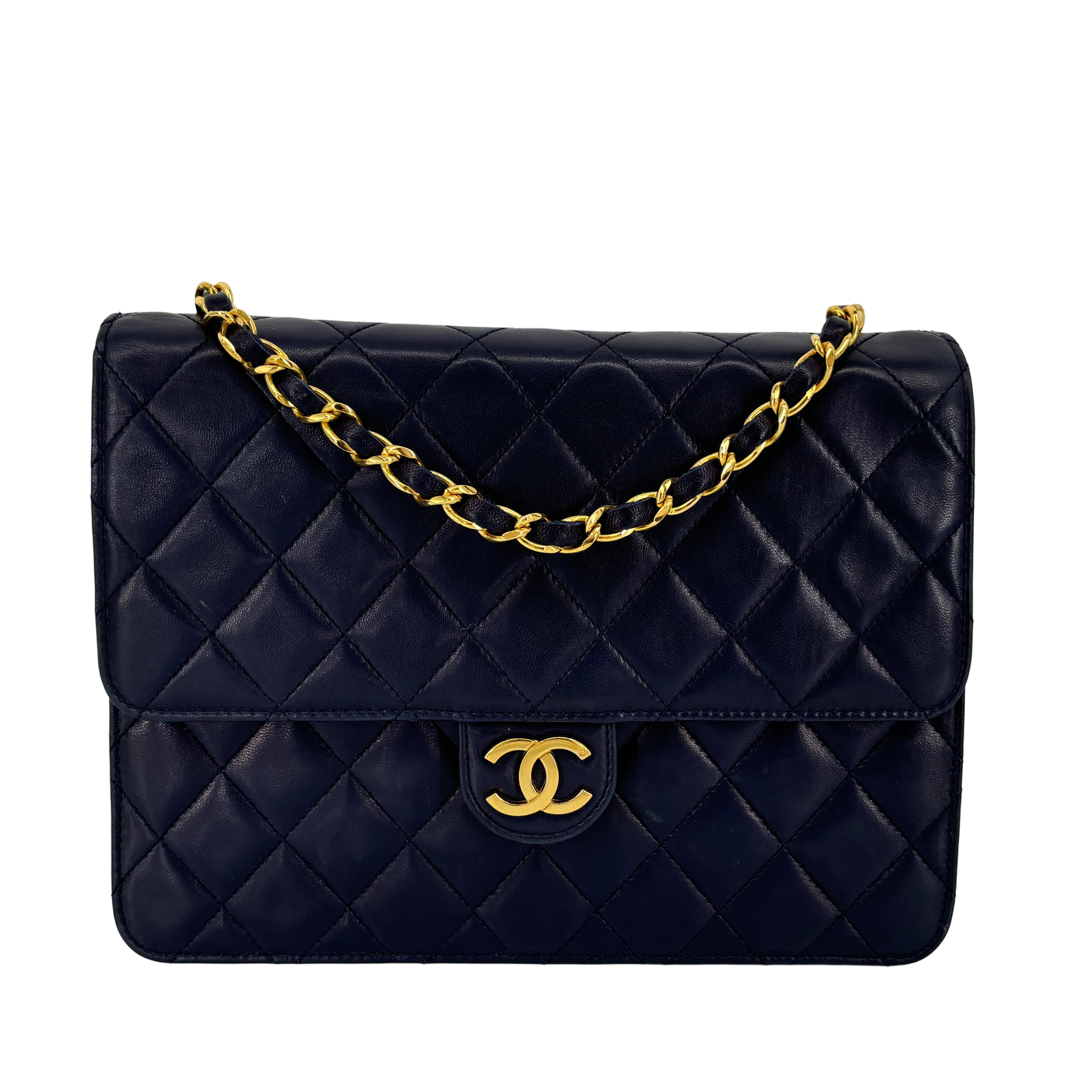 Chanel Single Flap Bag Push-Lock Navy Matelassé Leather incl. Dustbag