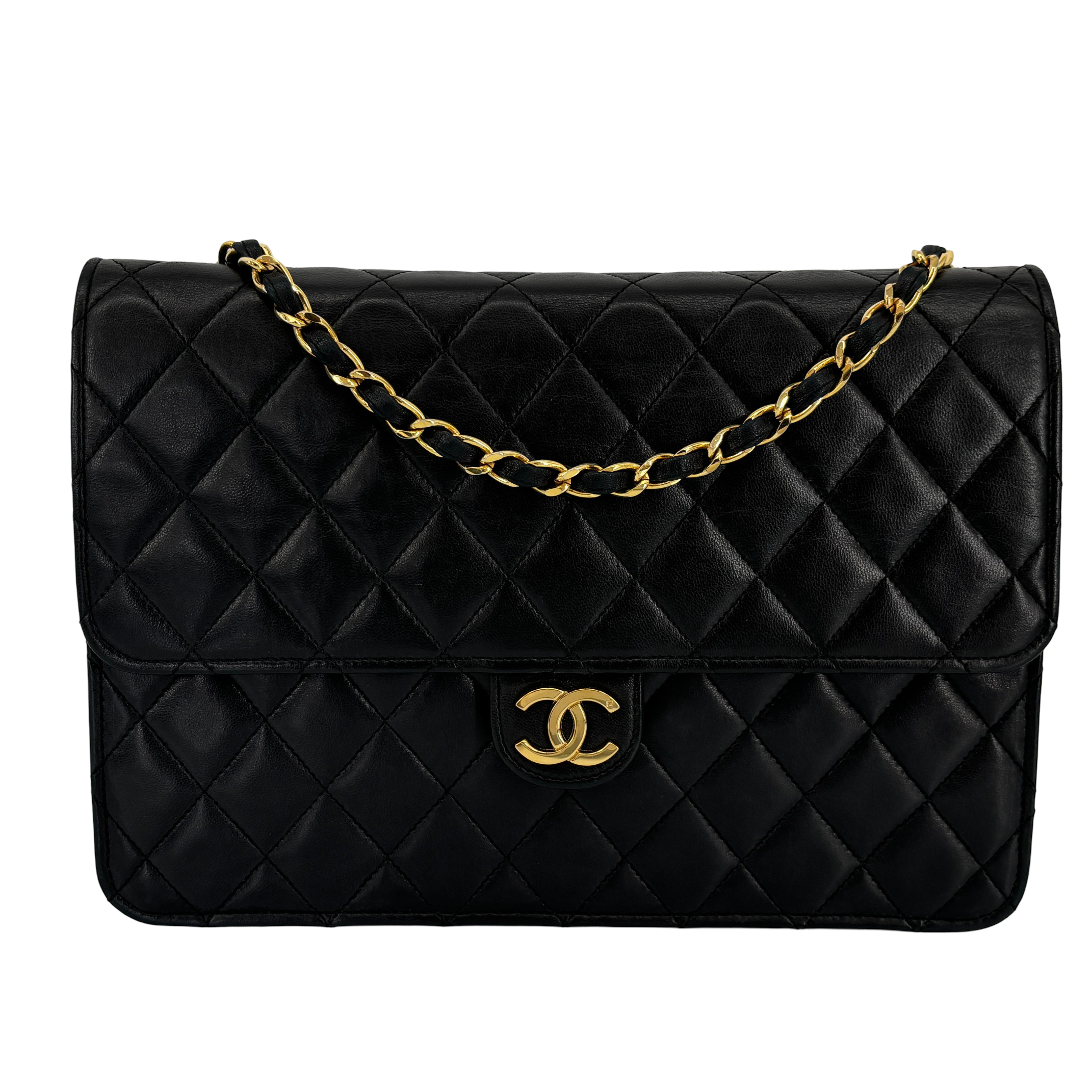 Chanel Single Flap Bag Push-Lock Black Matelassé Leather incl. Dustbag