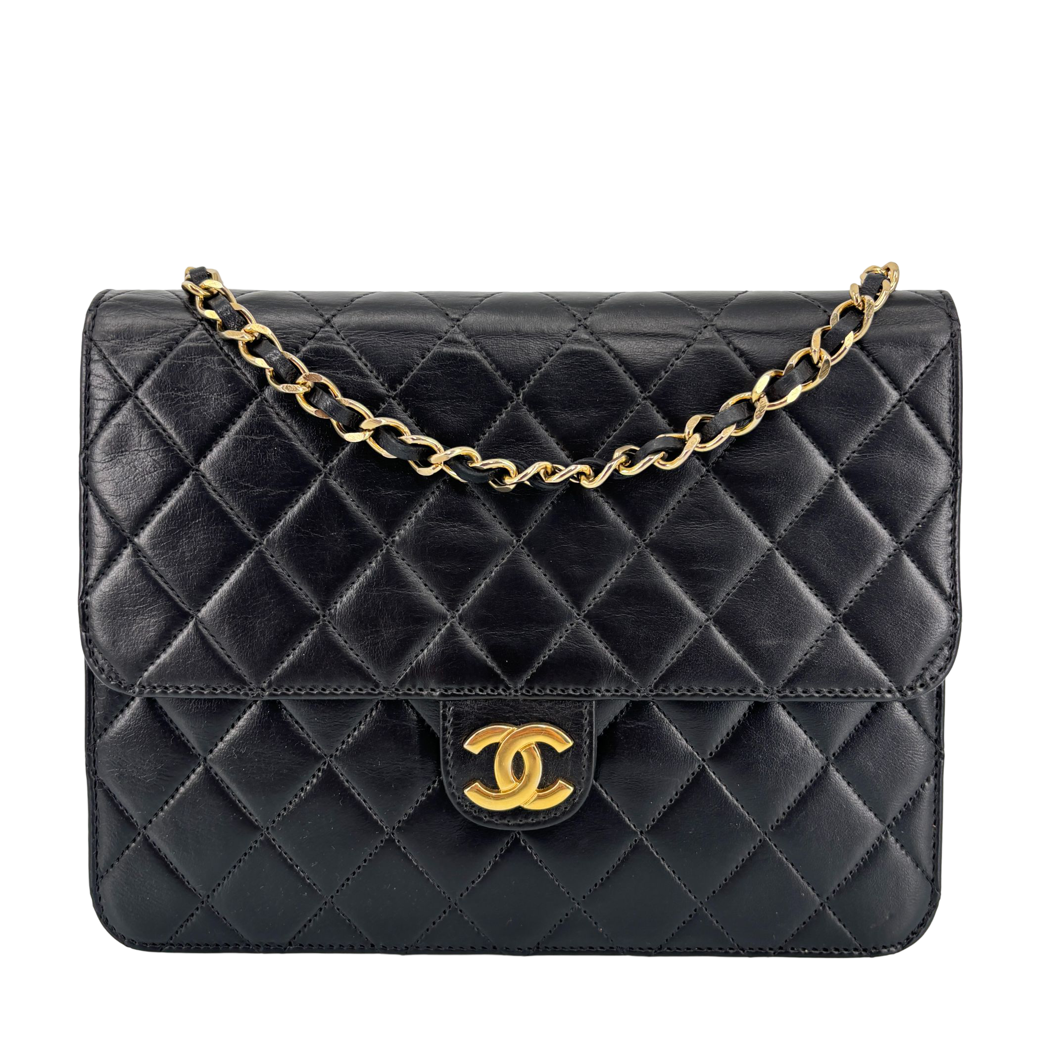 Chanel Single Flap Bag Push-Lock Black Matelassé Leather