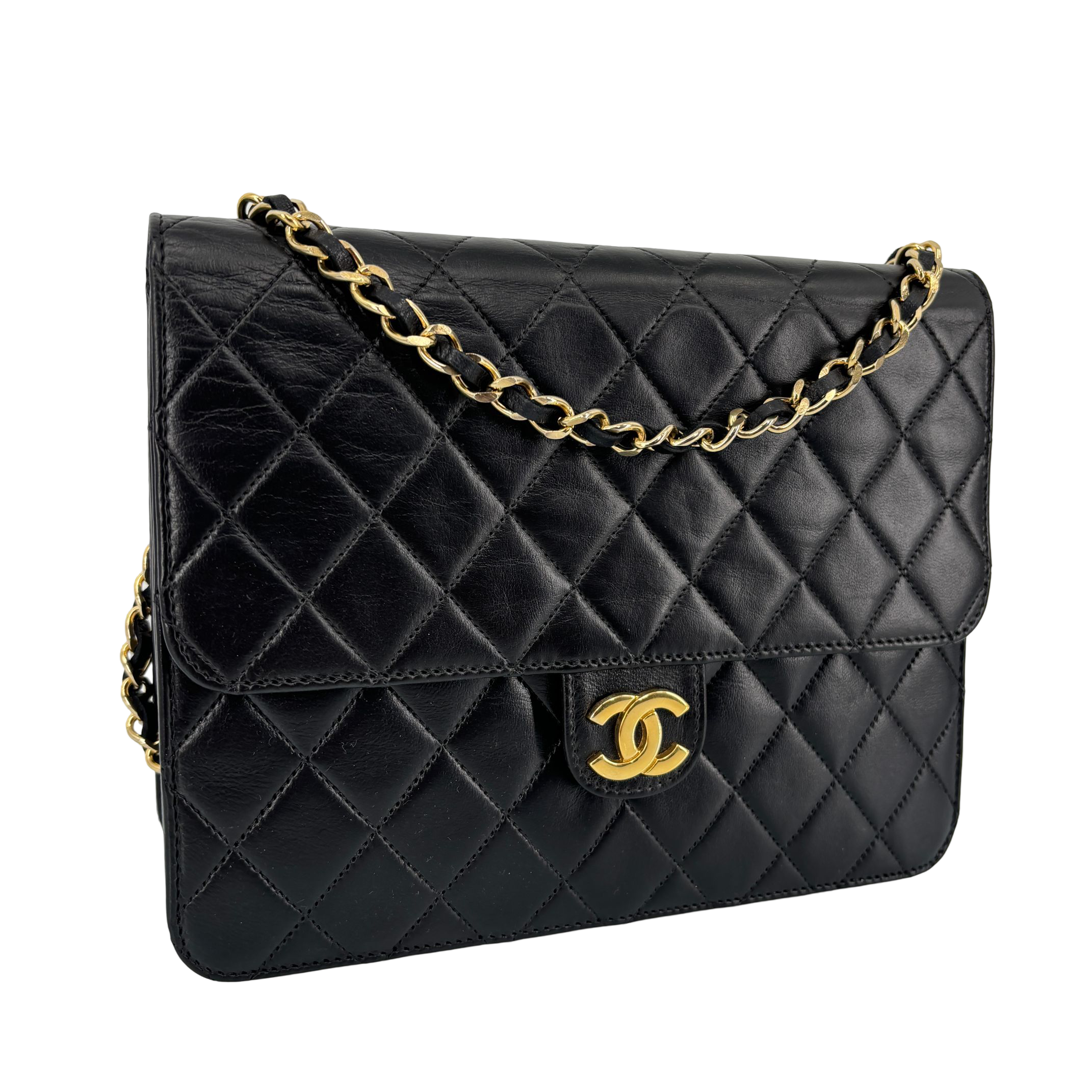 Chanel Single Flap Bag Push-Lock Black Matelassé Leather