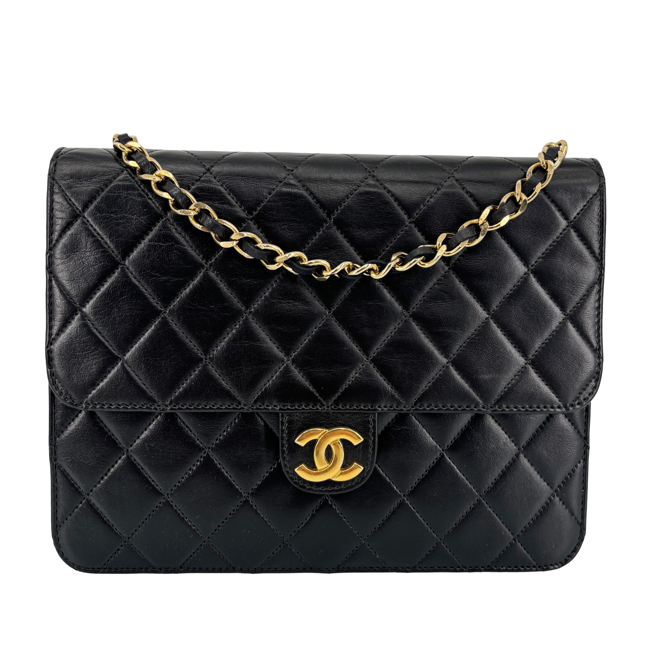 Chanel Single Flap Bag Push-Lock Black Matelassé Leather