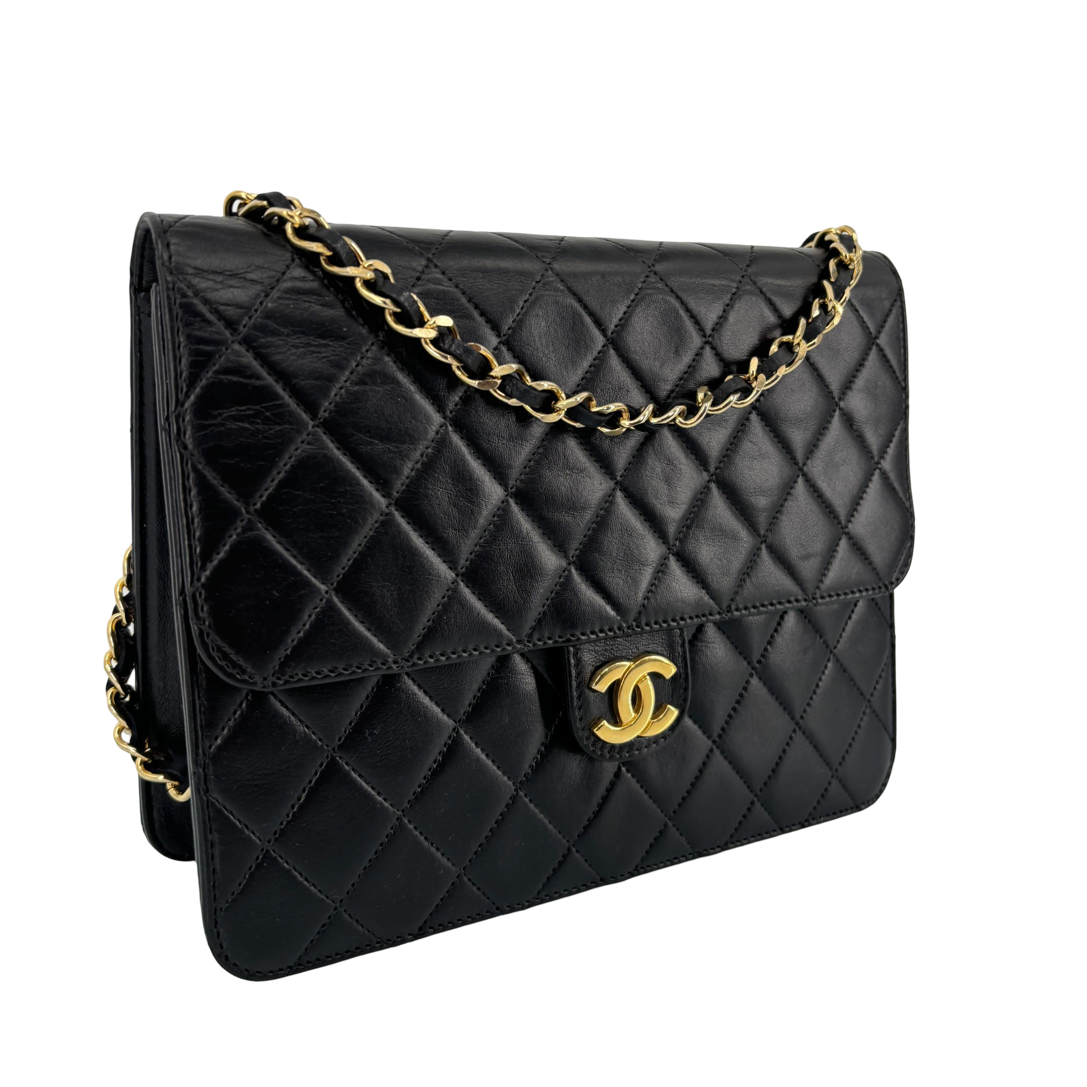 Chanel Single Flap Bag Push-Lock Black Matelassé Leather