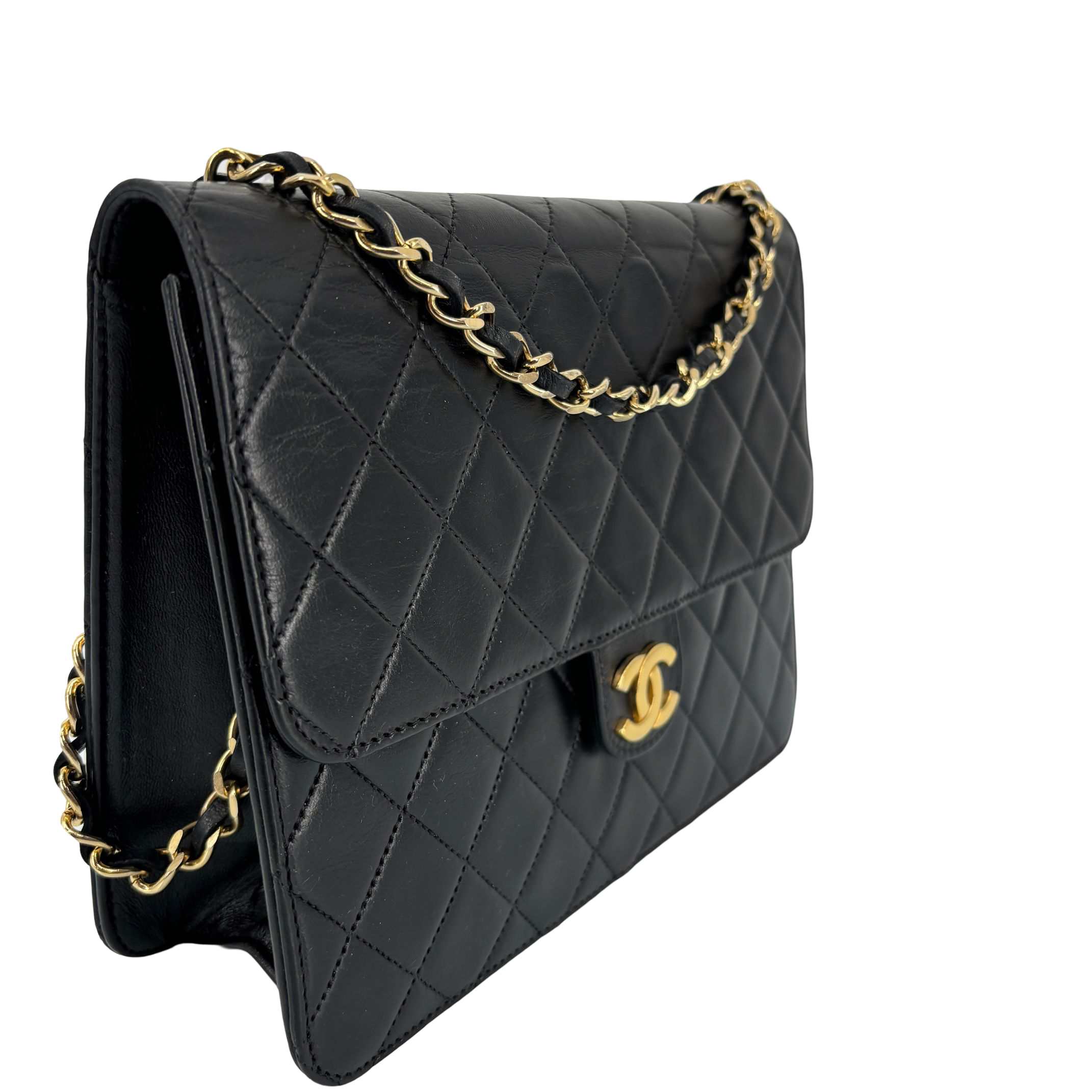 Chanel Single Flap Bag Push-Lock Black Matelassé Leather