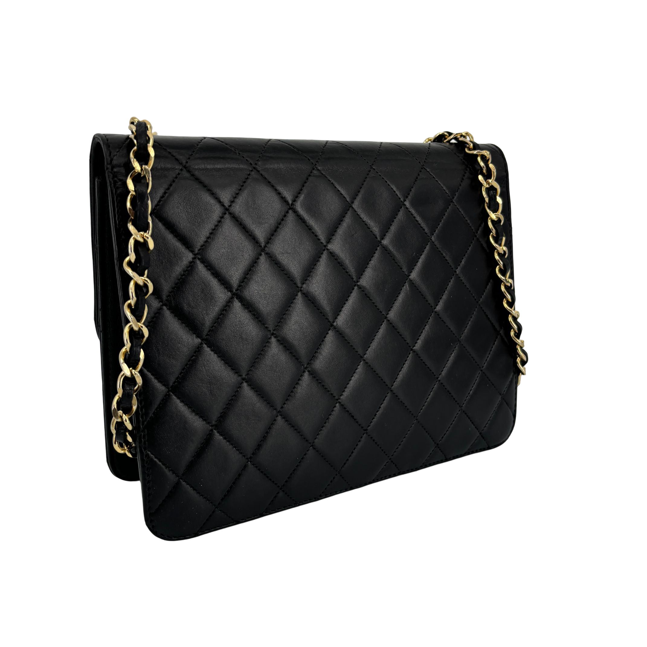 Chanel Single Flap Bag Push-Lock Black Matelassé Leather