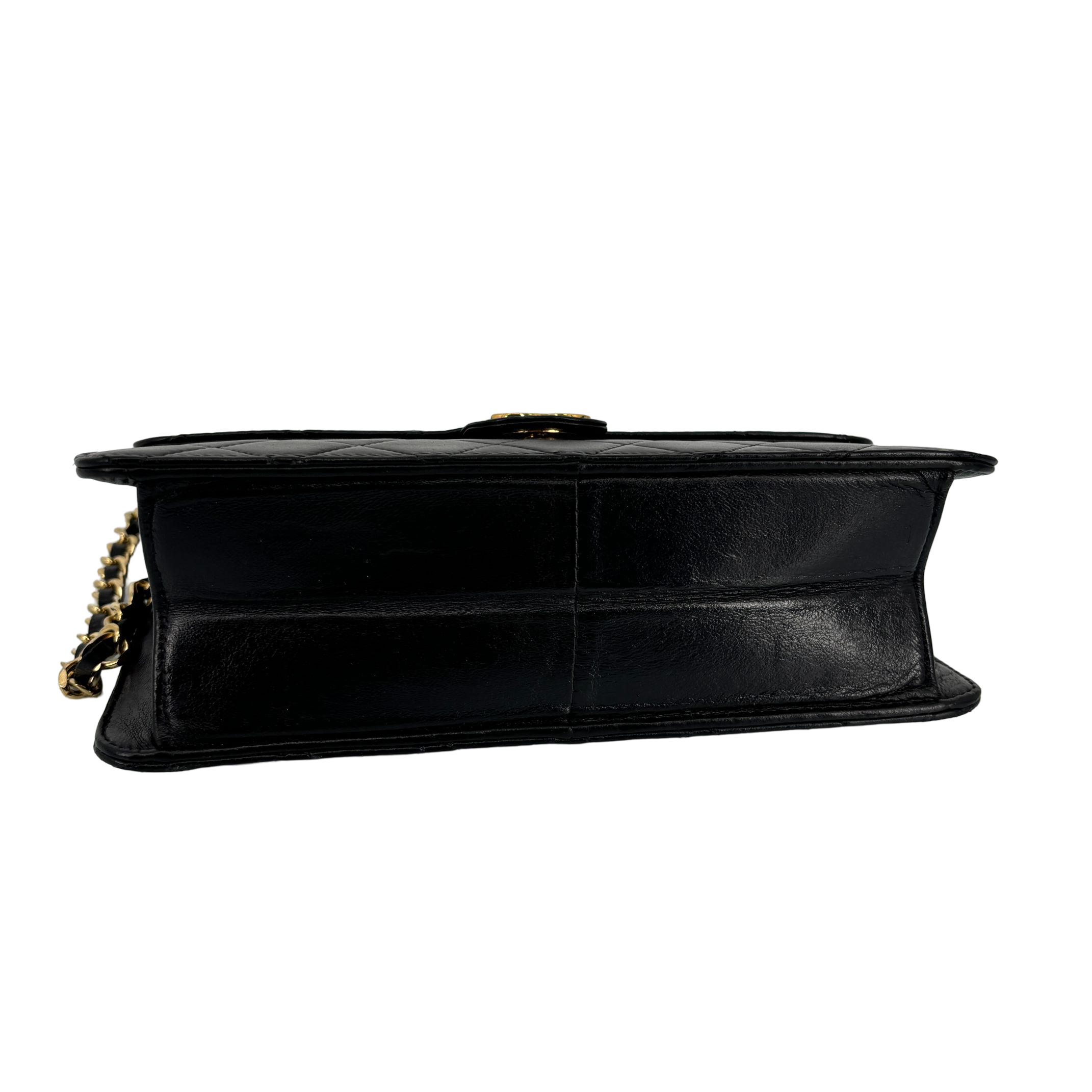 Chanel Single Flap Bag Push-Lock Black Matelassé Leather