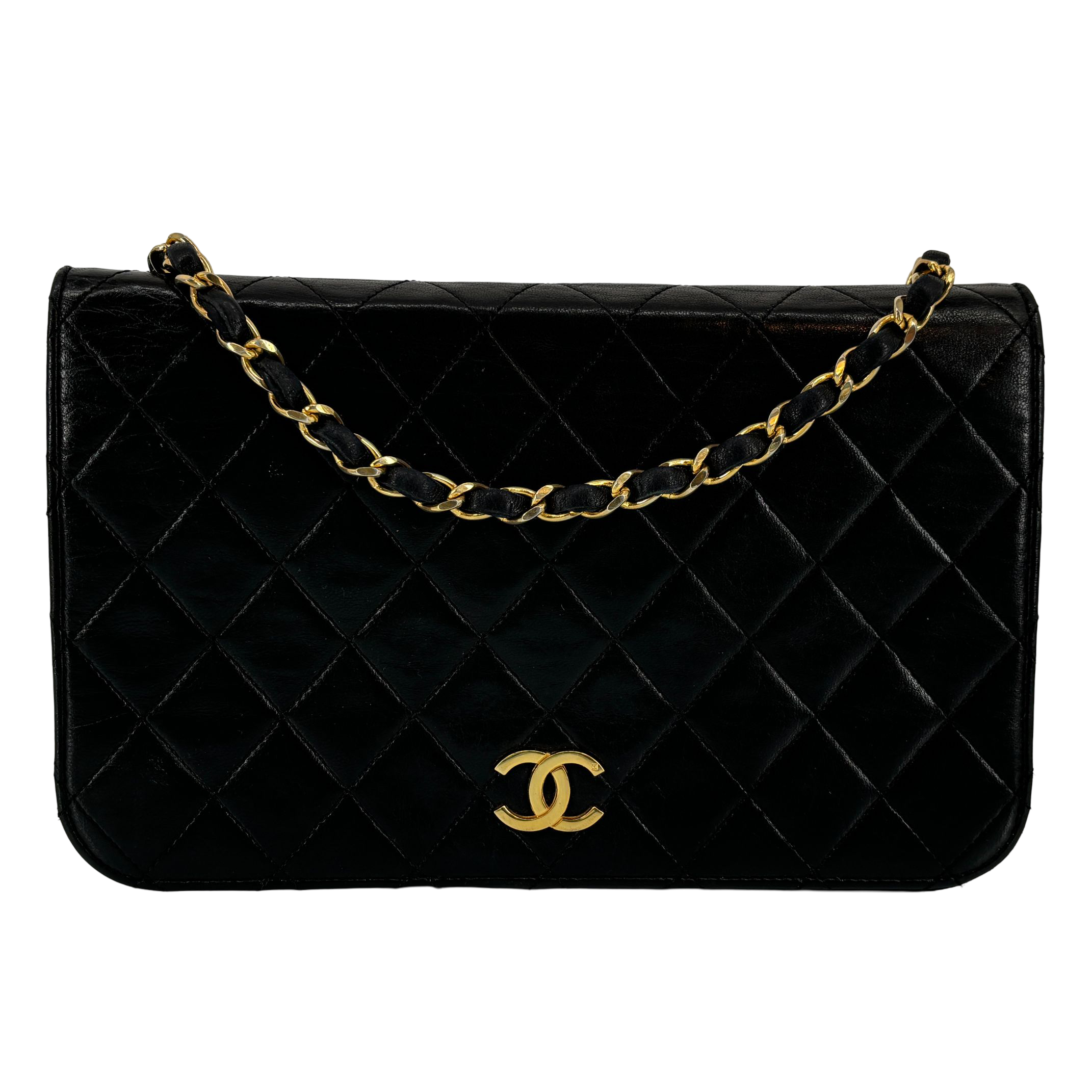 Chanel Full Flap Bag Push-Lock Black Matelassé Leather