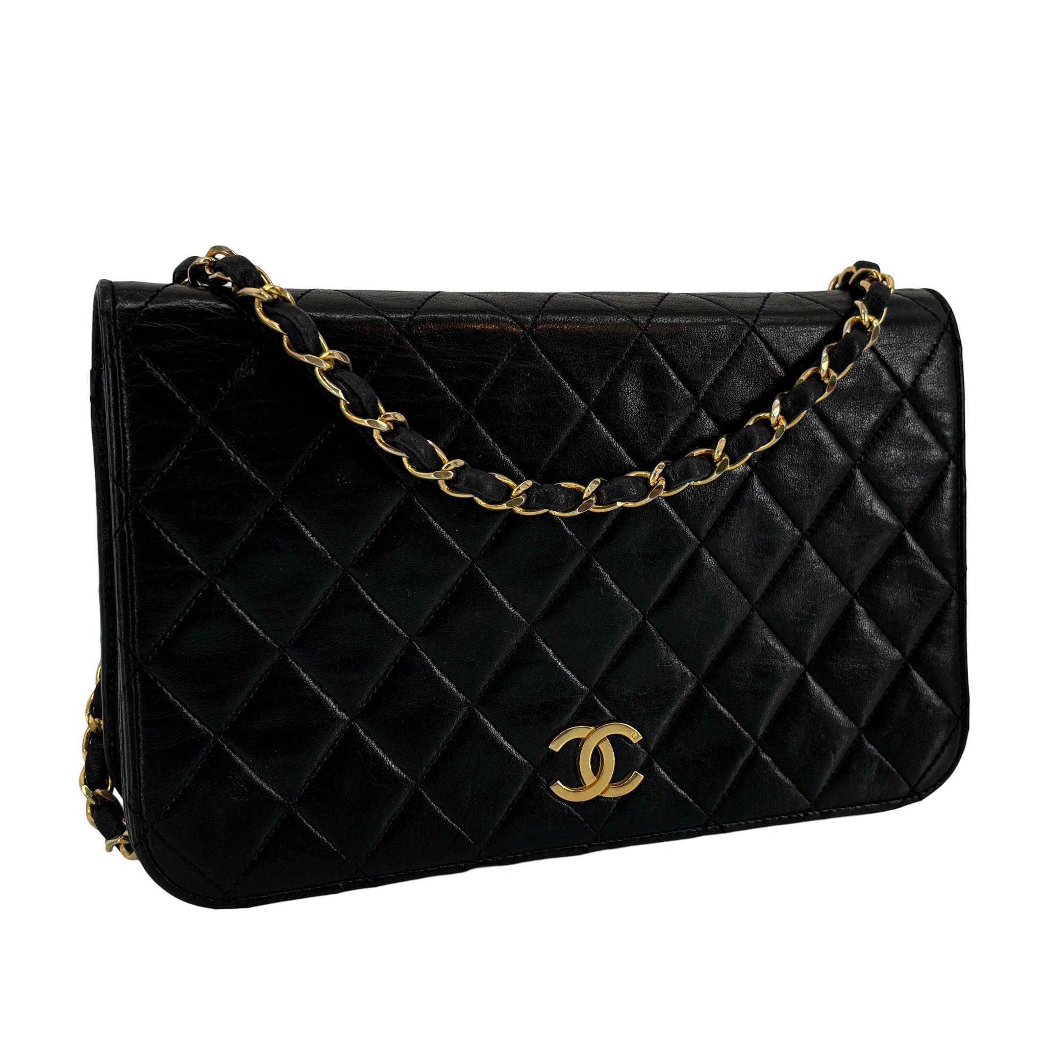 Chanel Full Flap Bag Push-Lock Black Matelassé Leather