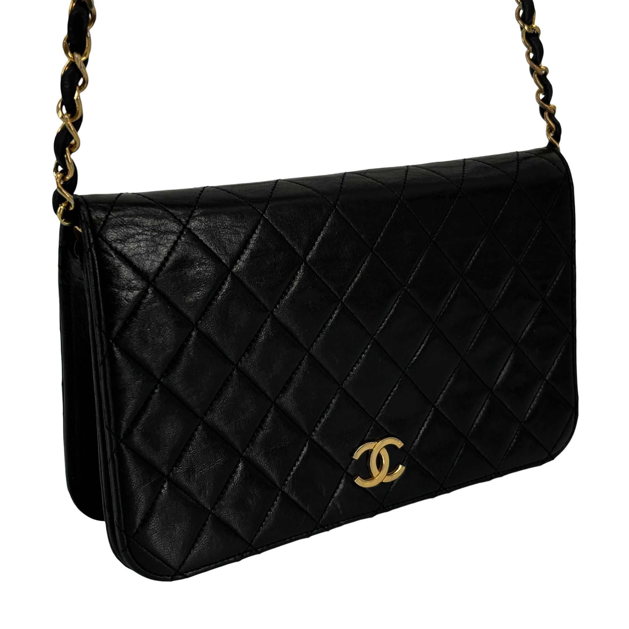 Chanel Full Flap Bag Push-Lock Black Matelassé Leather