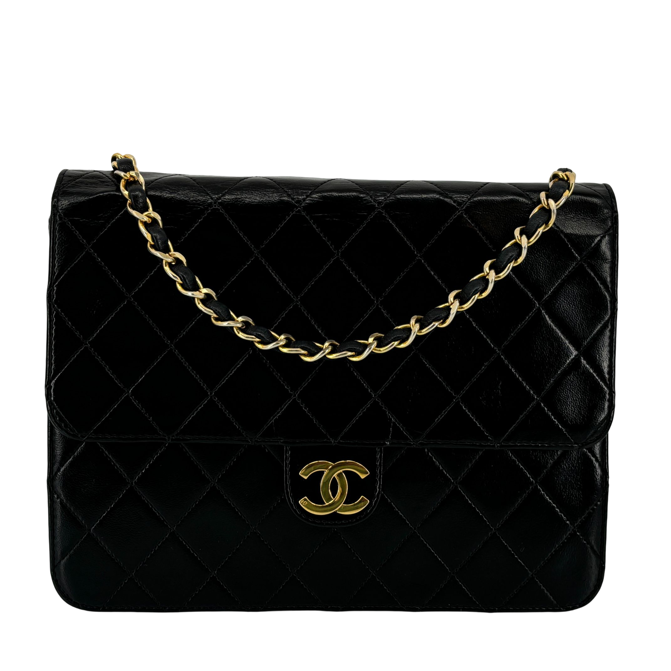 Chanel Single Flap Bag Push-Lock Black Matelassé Leather