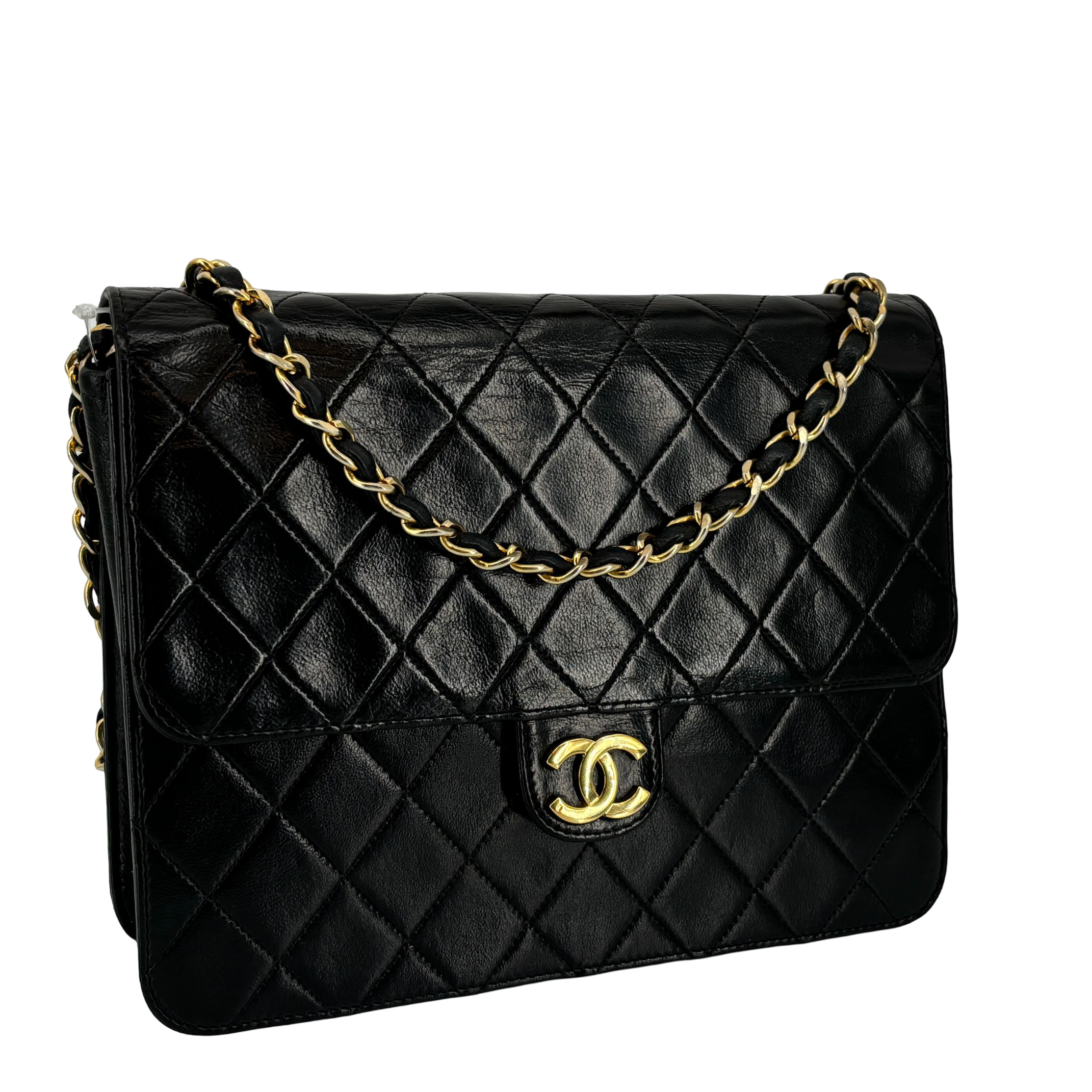 Chanel Single Flap Bag Push-Lock Black Matelassé Leather