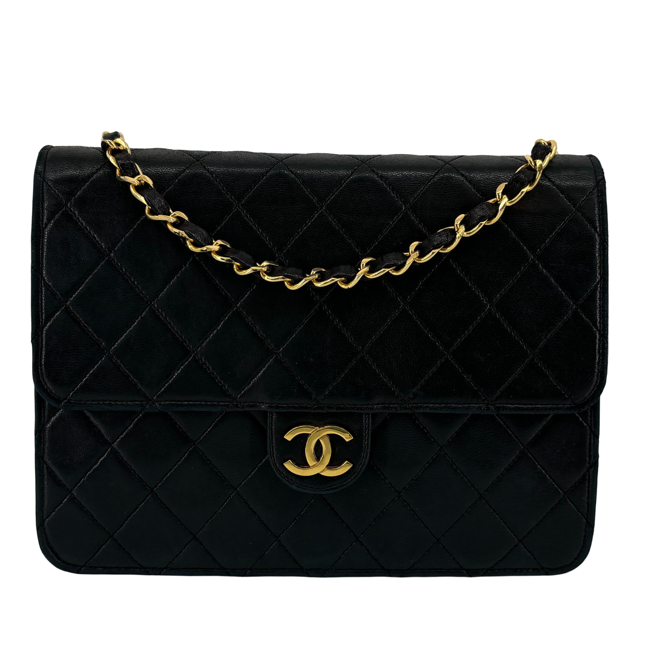 Chanel Single Flap Bag Push-Lock Black Matelassé Leather