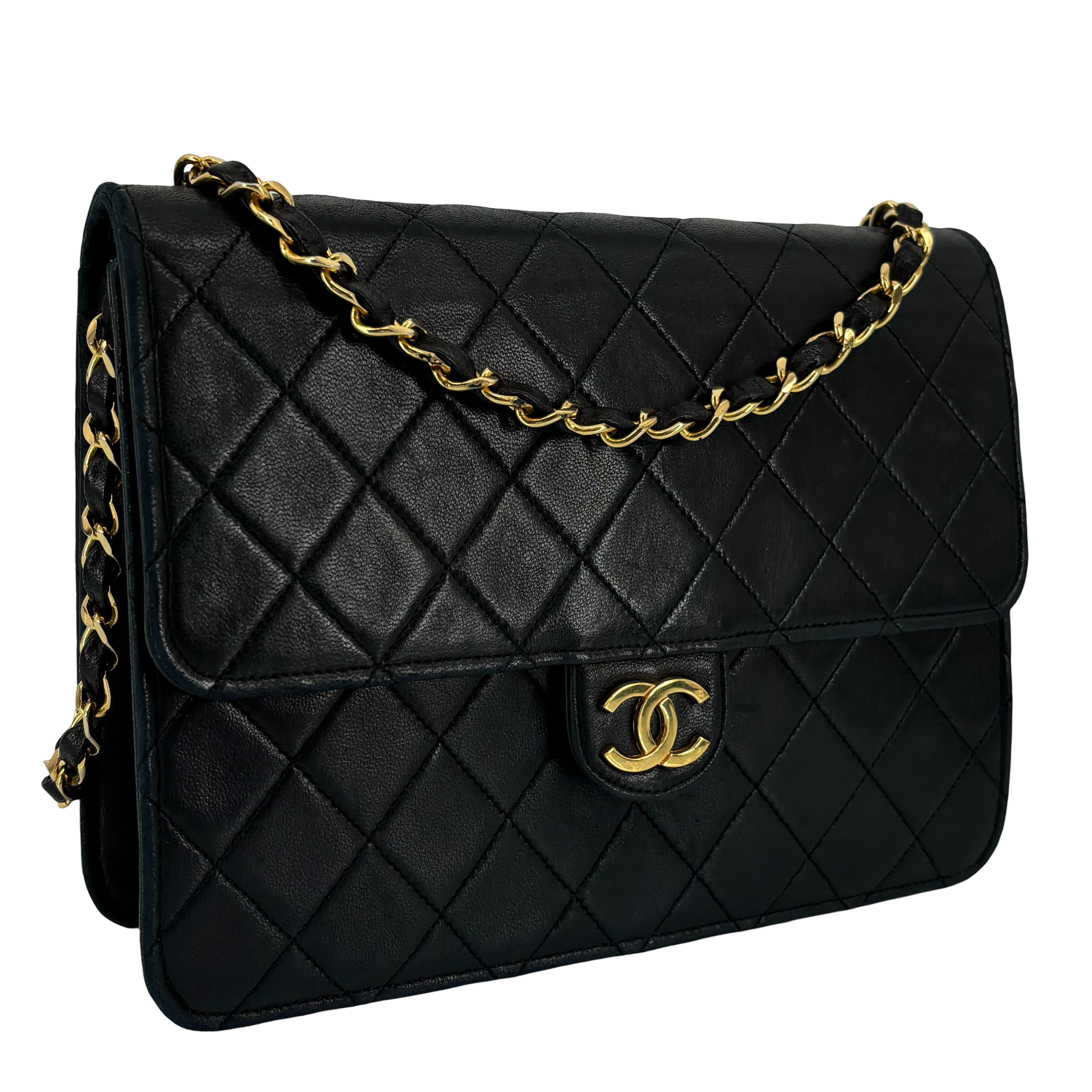 Chanel Single Flap Bag Push-Lock Black Matelassé Leather