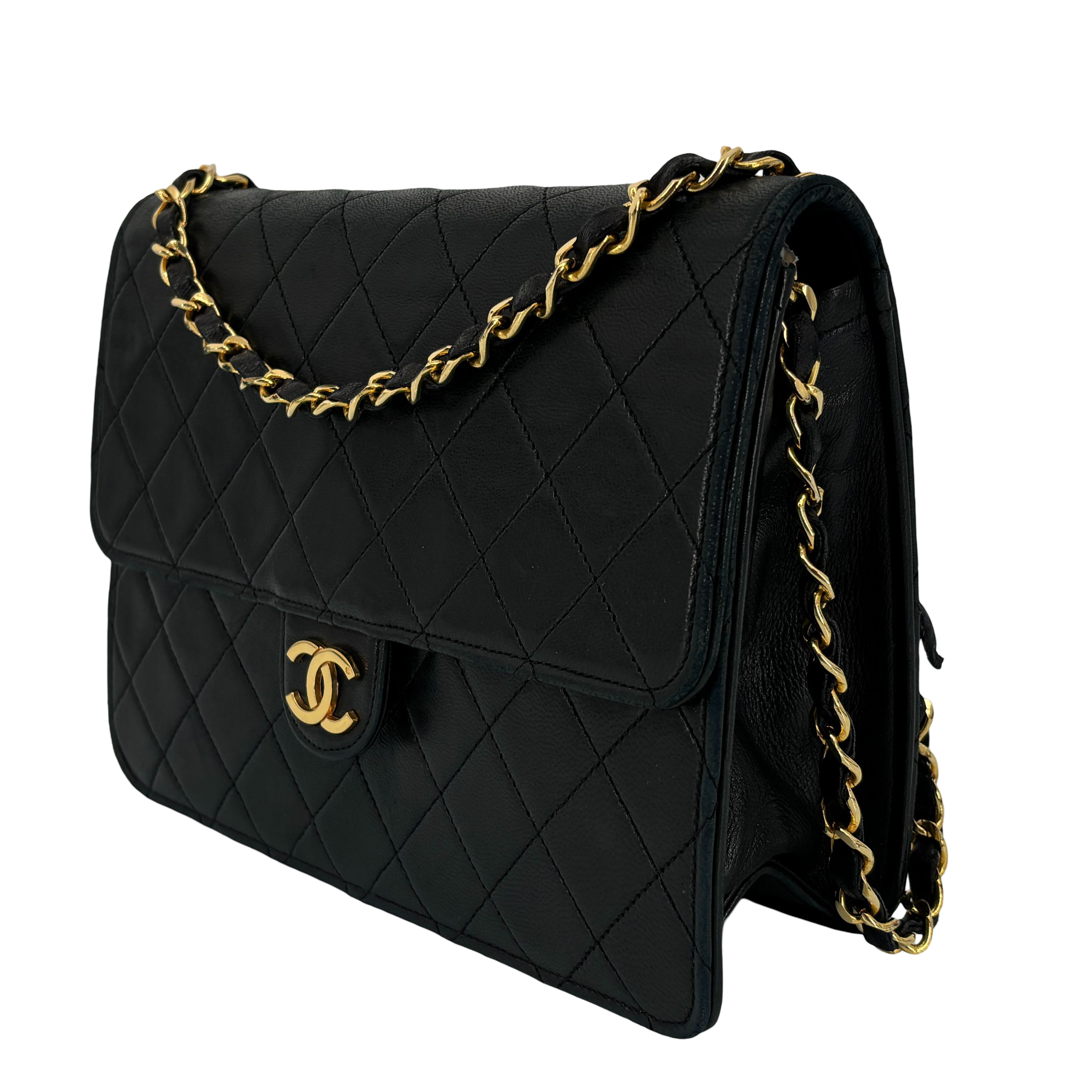 Chanel Single Flap Bag Push-Lock Black Matelassé Leather