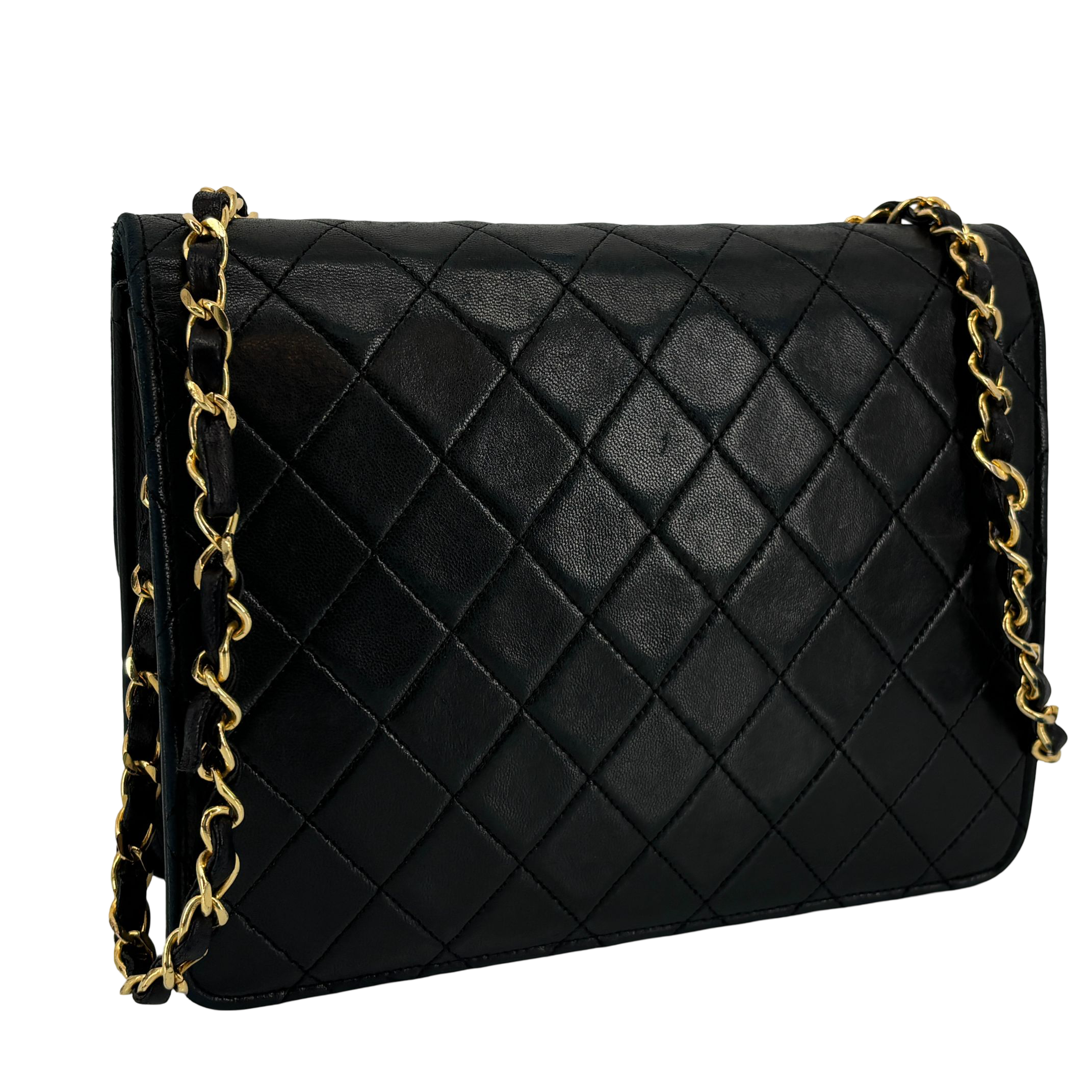 Chanel Single Flap Bag Push-Lock Black Matelassé Leather