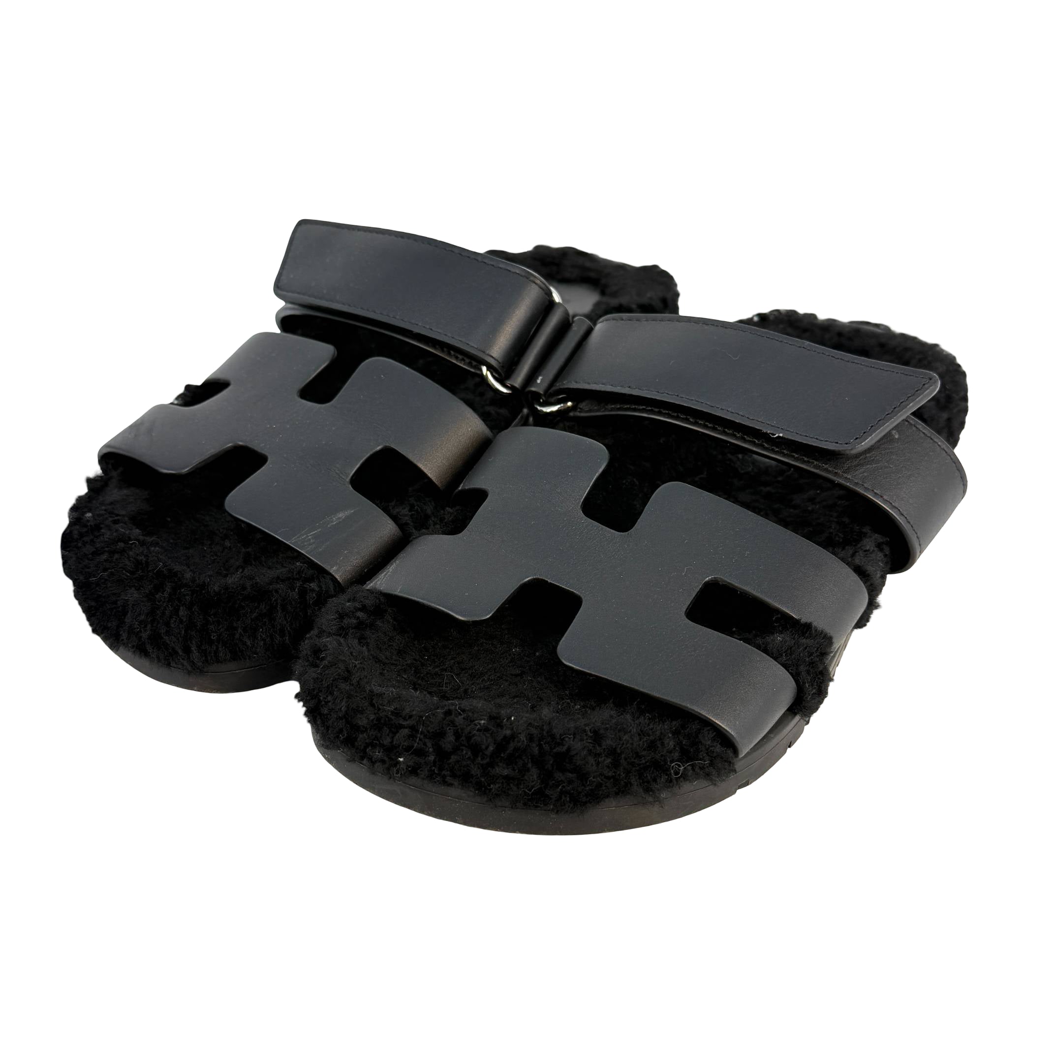 Hermès Chypre Sandale Gr. 35 Schwarz Shearling x Leder