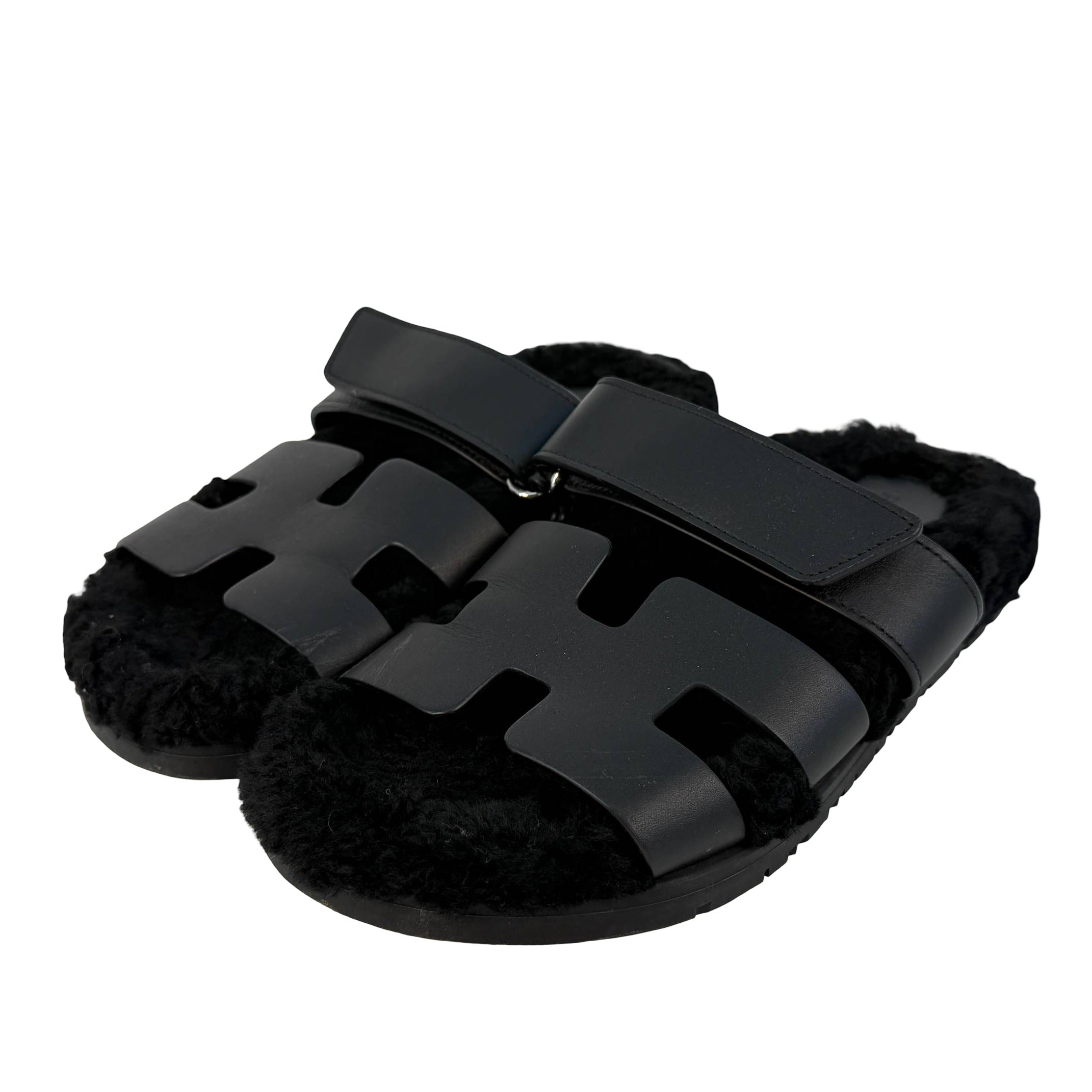 Hermès Chypre Sandale Gr. 35 Schwarz Shearling x Leder