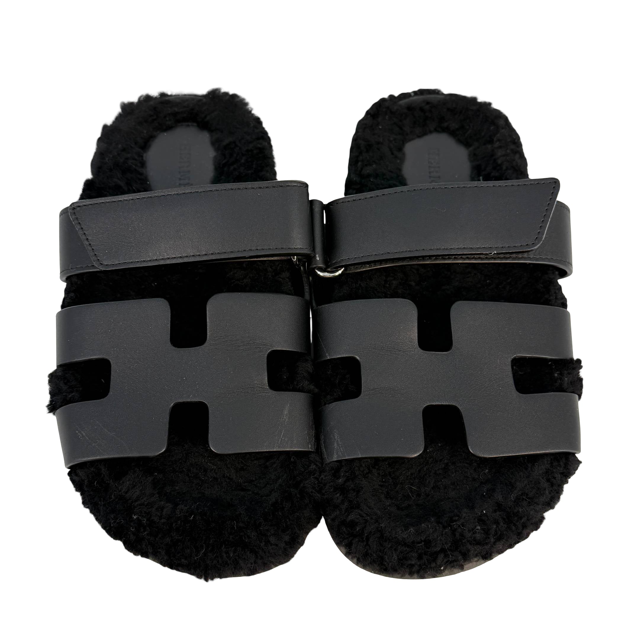 Hermès Chypre Sandale Gr. 35 Schwarz Shearling x Leder