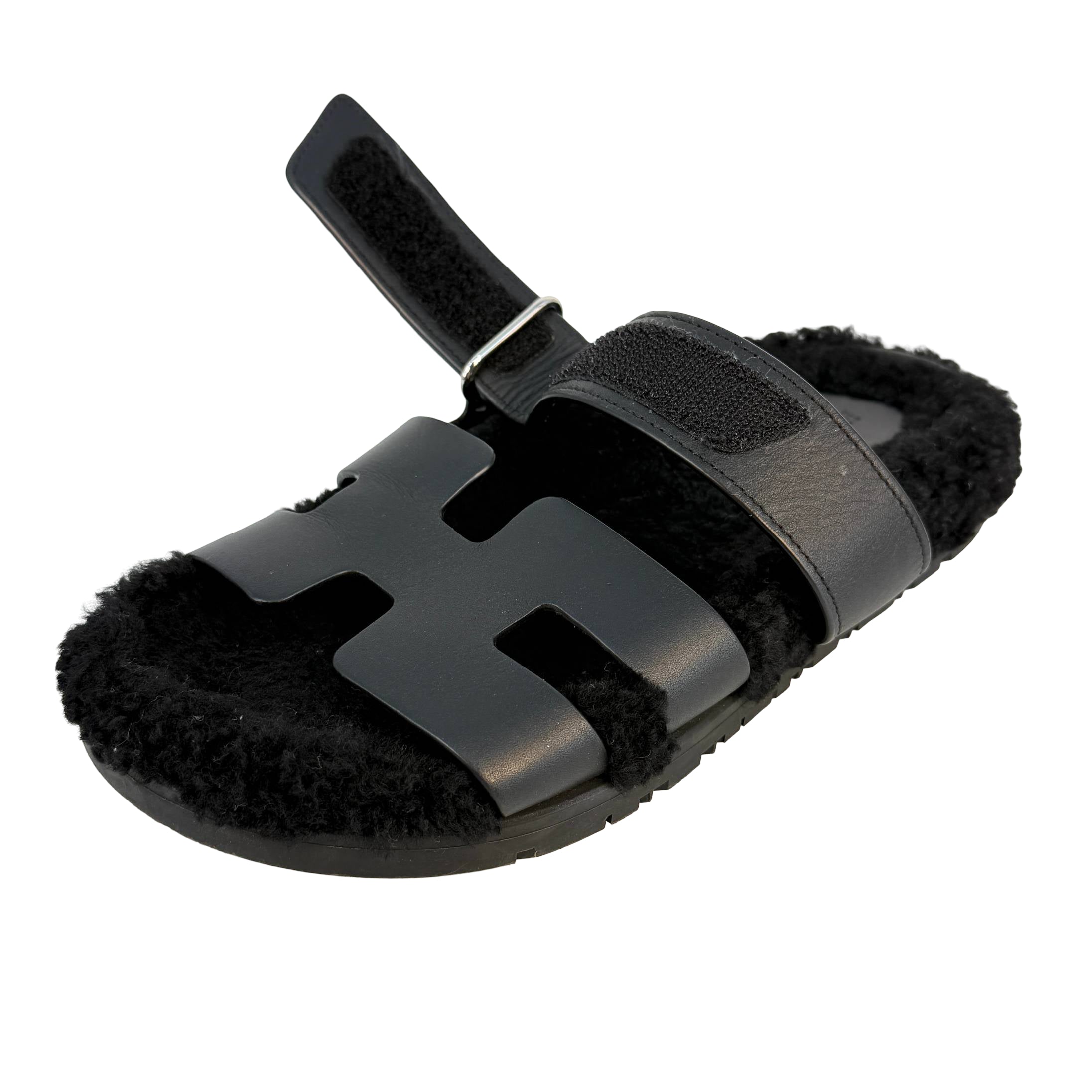 Hermès Chypre Sandale Gr. 35 Schwarz Shearling x Leder