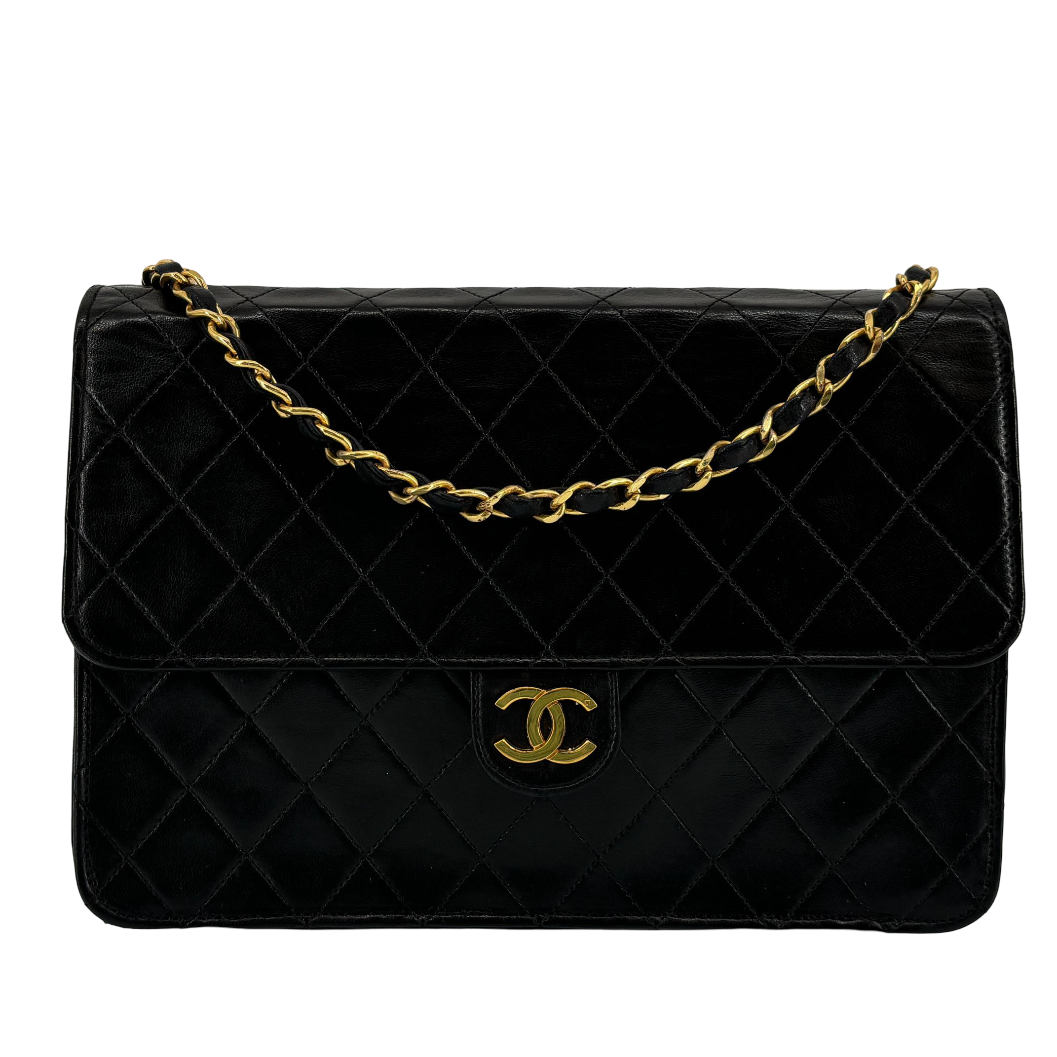 Chanel Single Flap Bag Push-Lock Black Matelassé Leather