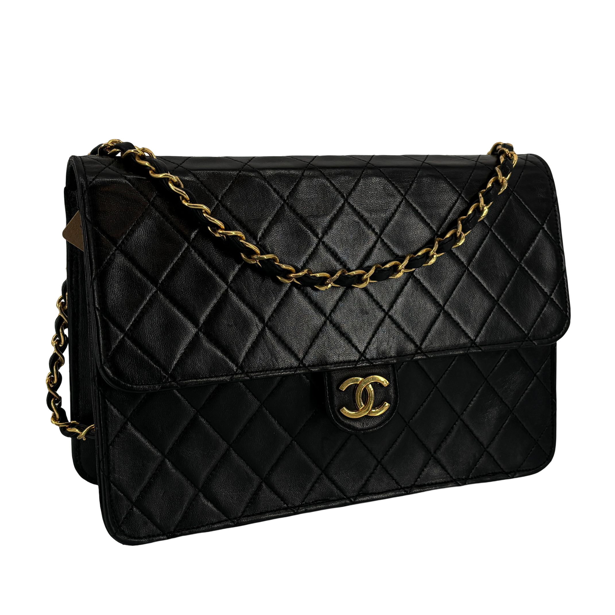 Chanel Single Flap Bag Push-Lock Black Matelassé Leather