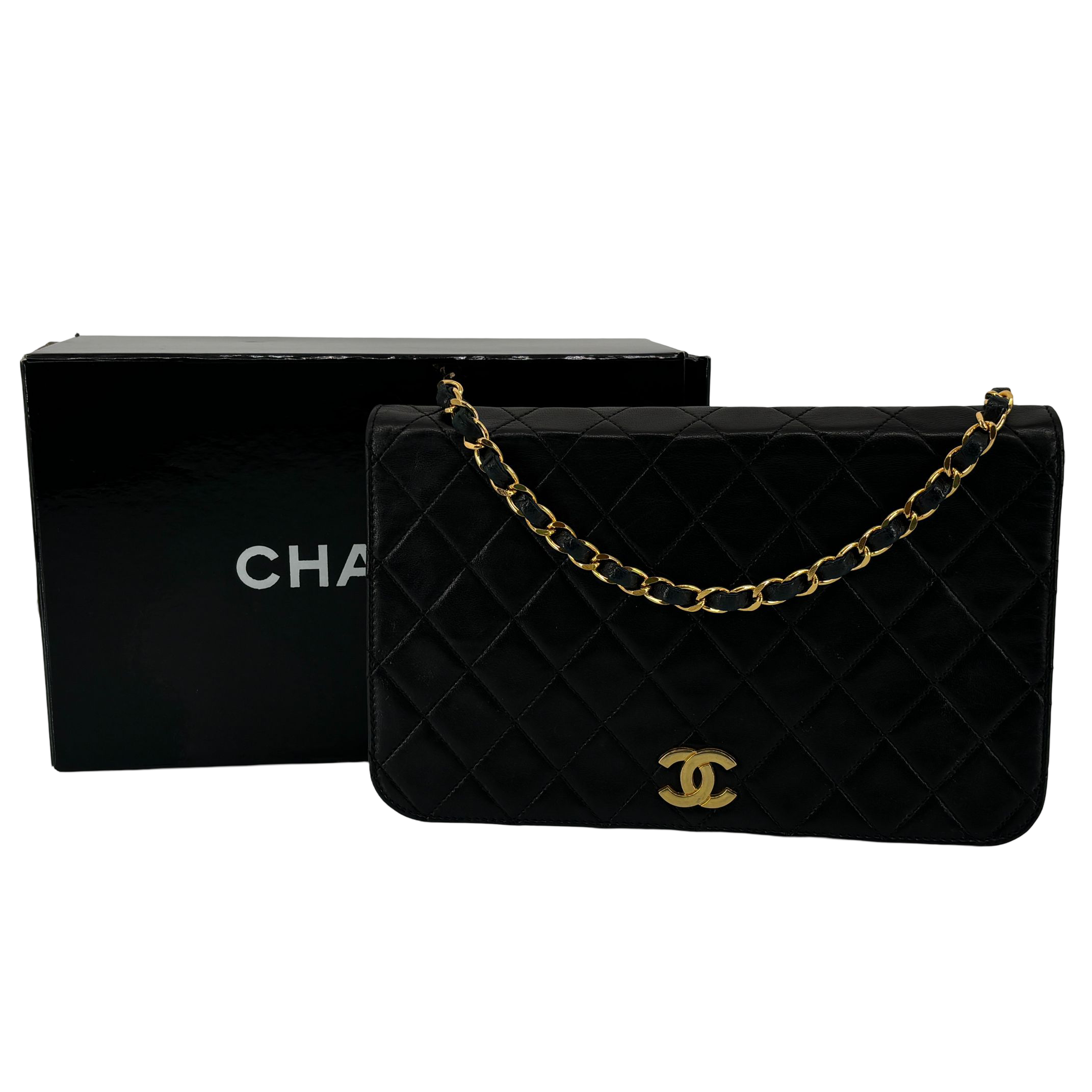 Chanel Full Flap Bag Push-Lock Black Matelassé Leather incl. Box