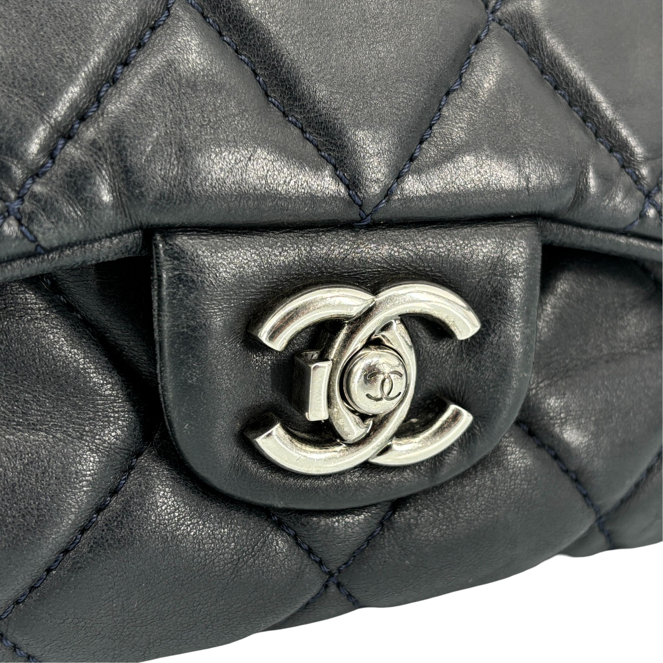 Chanel Accordion Single Flap Bag Navy Matelassé Leather