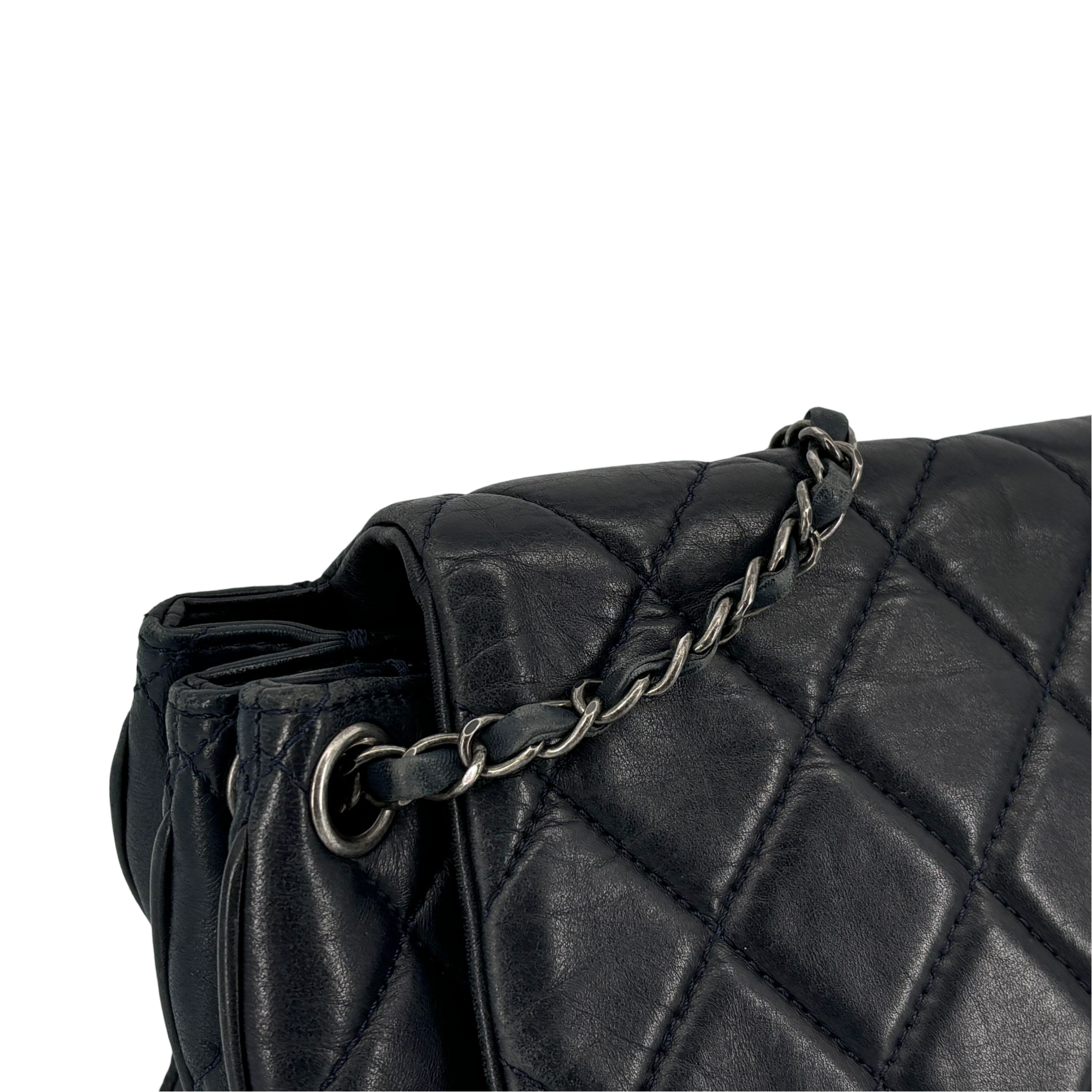 Chanel Accordion Single Flap Bag Navy Matelassé Leather