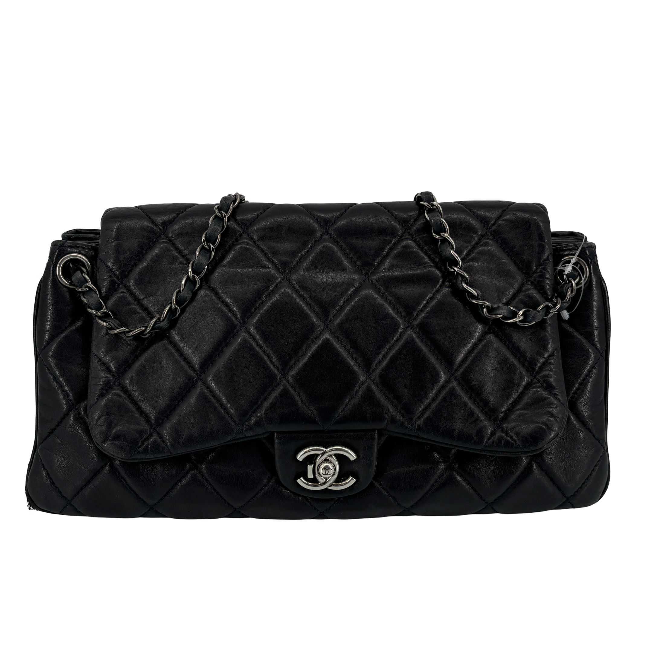 Chanel Accordion Single Flap Bag Navy Matelassé Leather